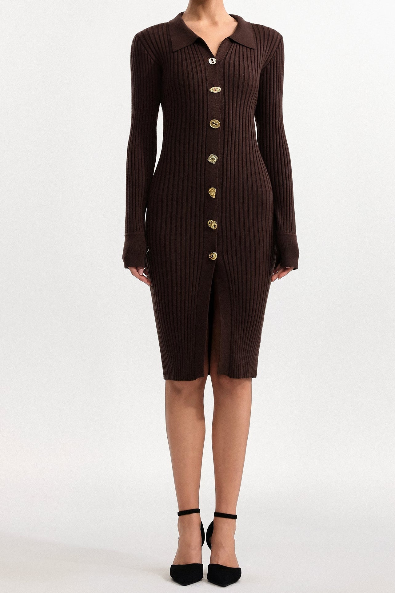 Contour V Neck Long Sleeve Knit Mini Dress
