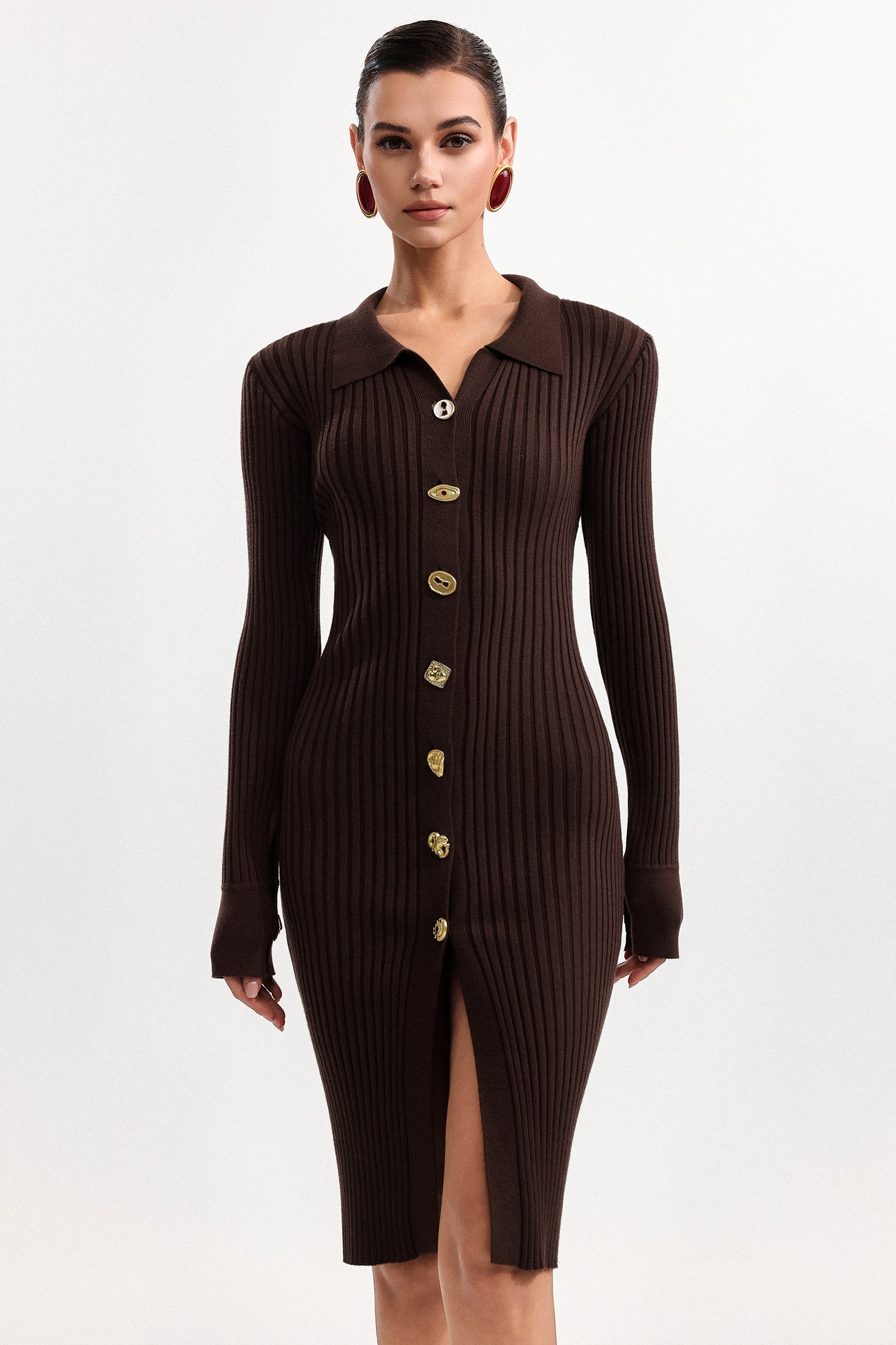 Contour V Neck Long Sleeve Knit Mini Dress