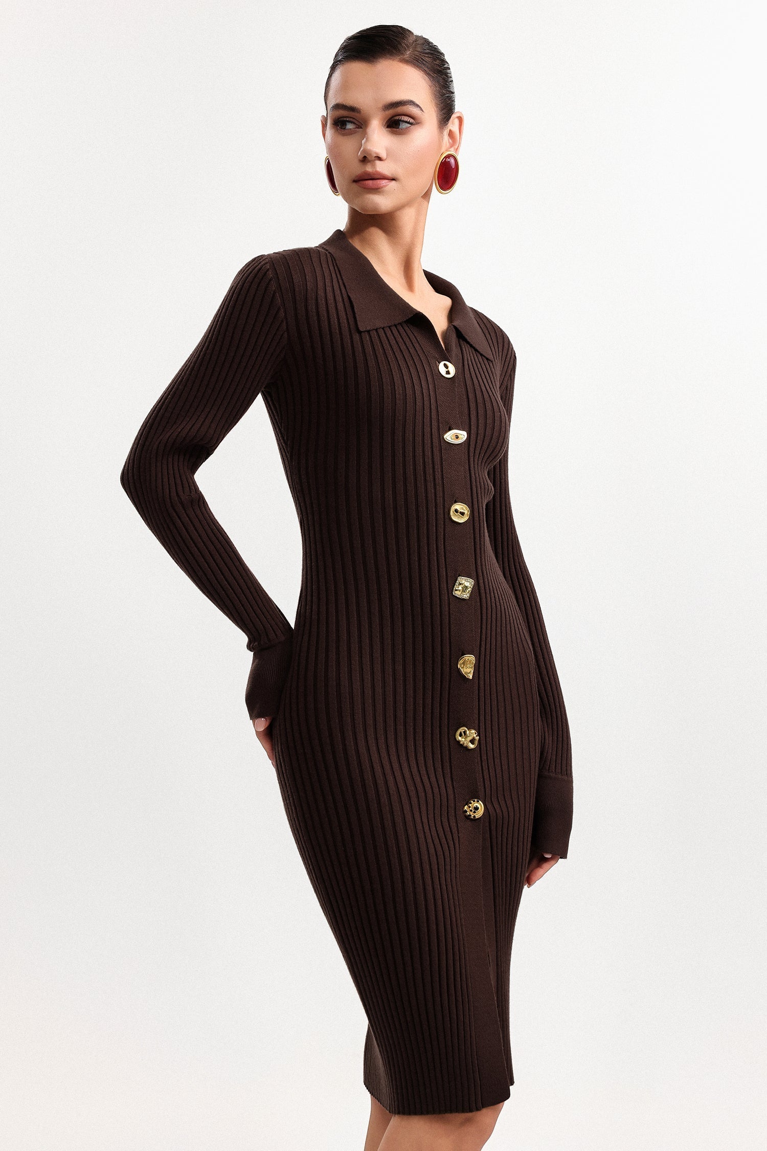 Contour V Neck Long Sleeve Knit Mini Dress