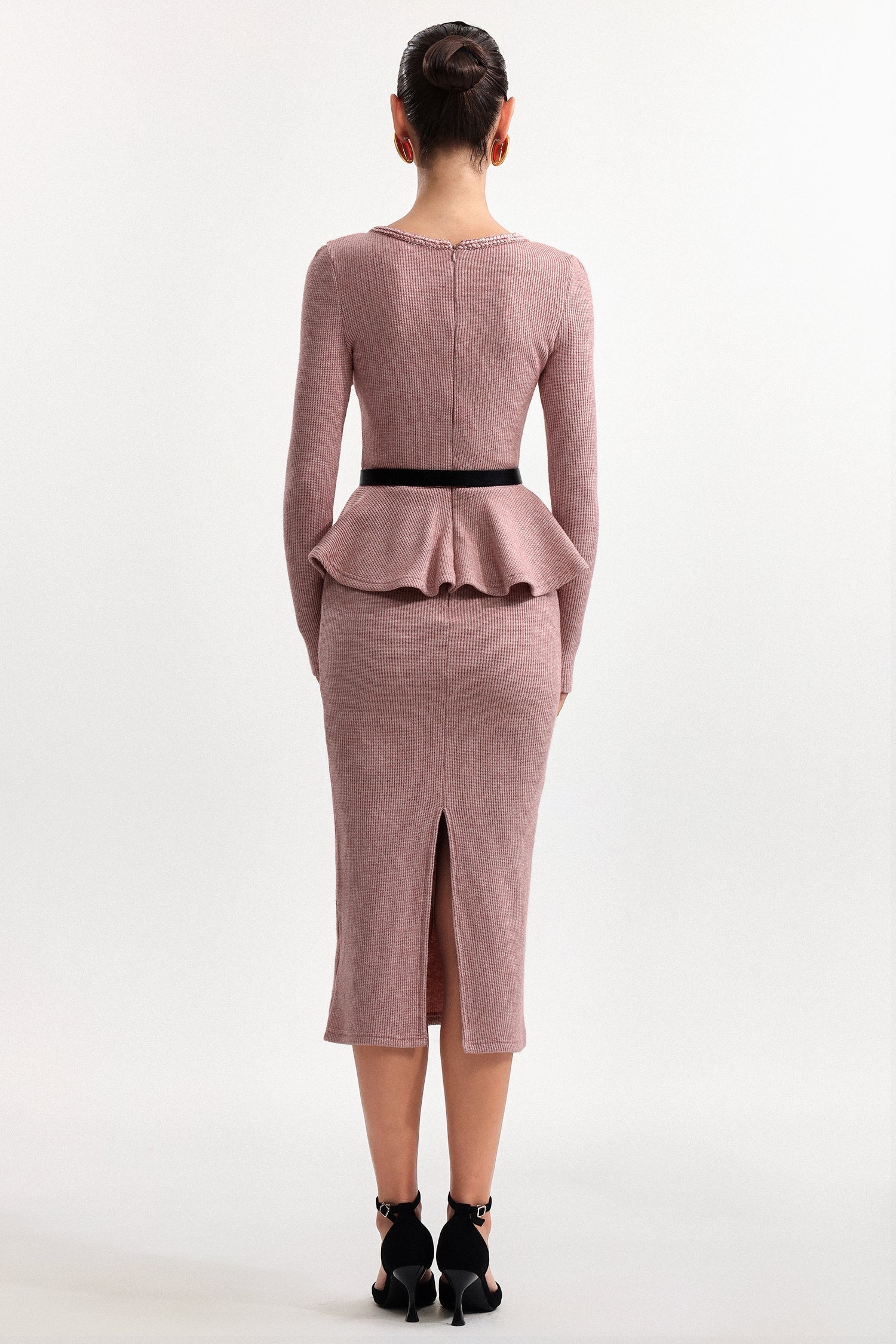 U Neck Long Sleeve Falbala Knit Midi Dress in Pink