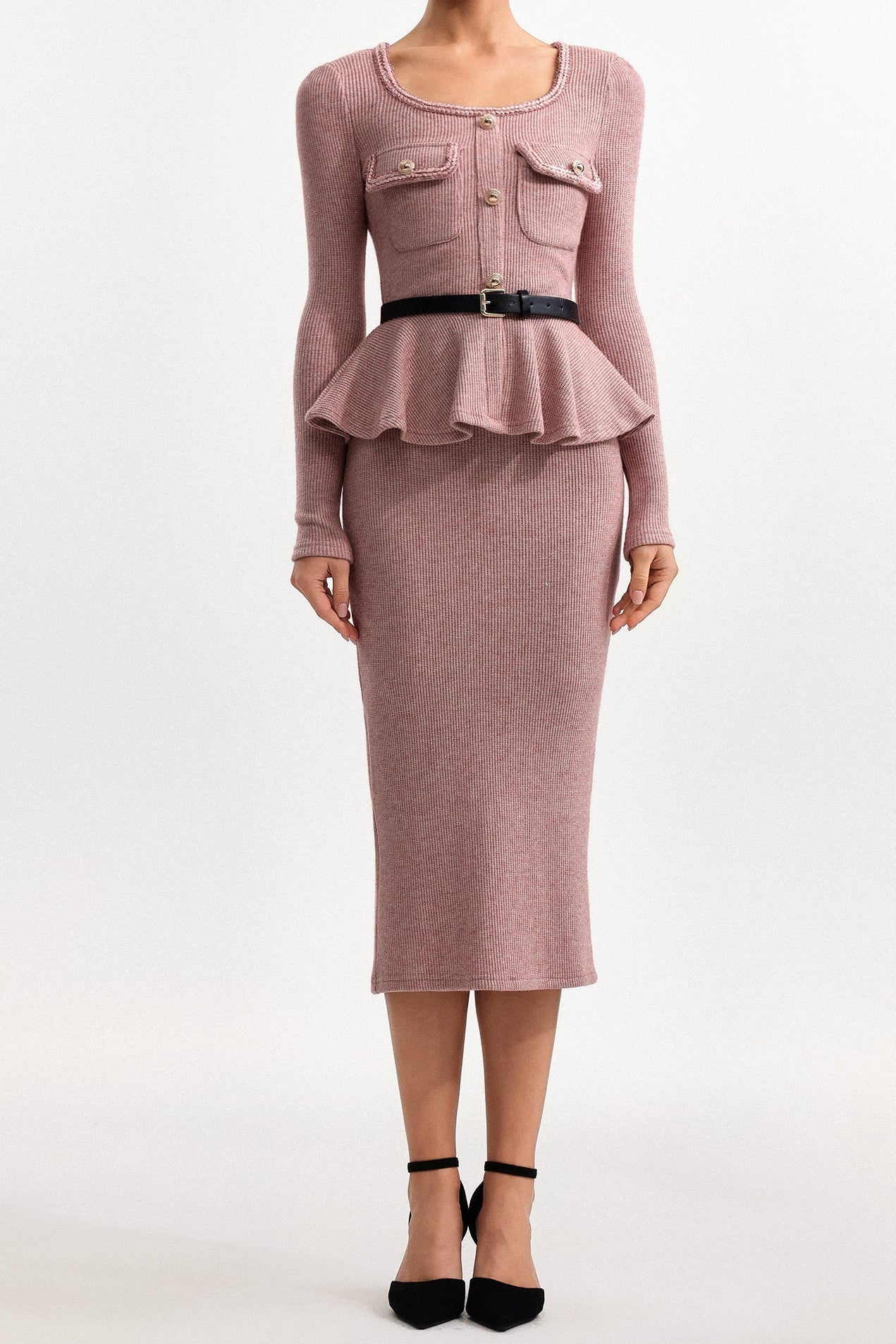 U Neck Long Sleeve Falbala Knit Midi Dress in Pink