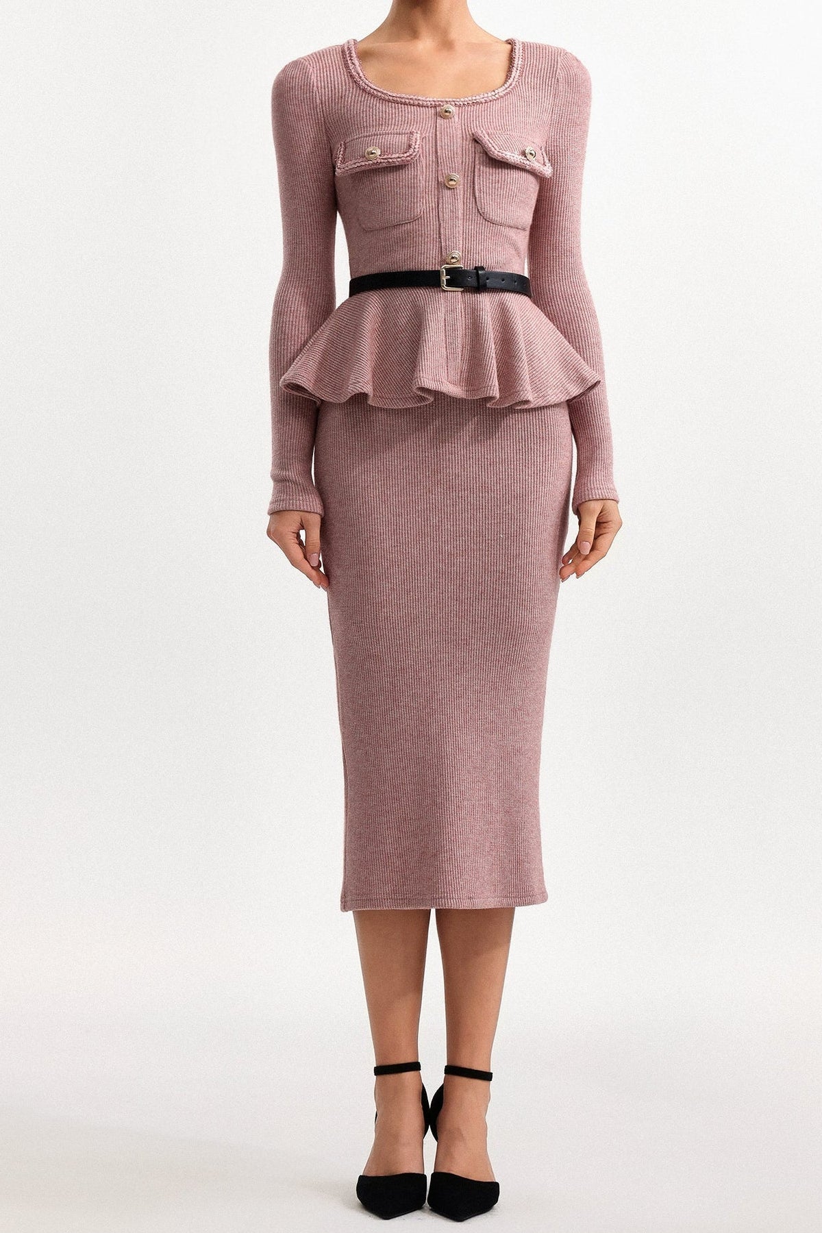 U Neck Long Sleeve Falbala Knit Midi Dress in Pink
