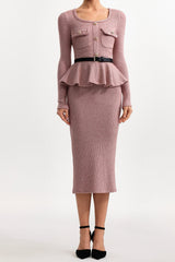 U Neck Long Sleeve Falbala Knit Midi Dress in Pink