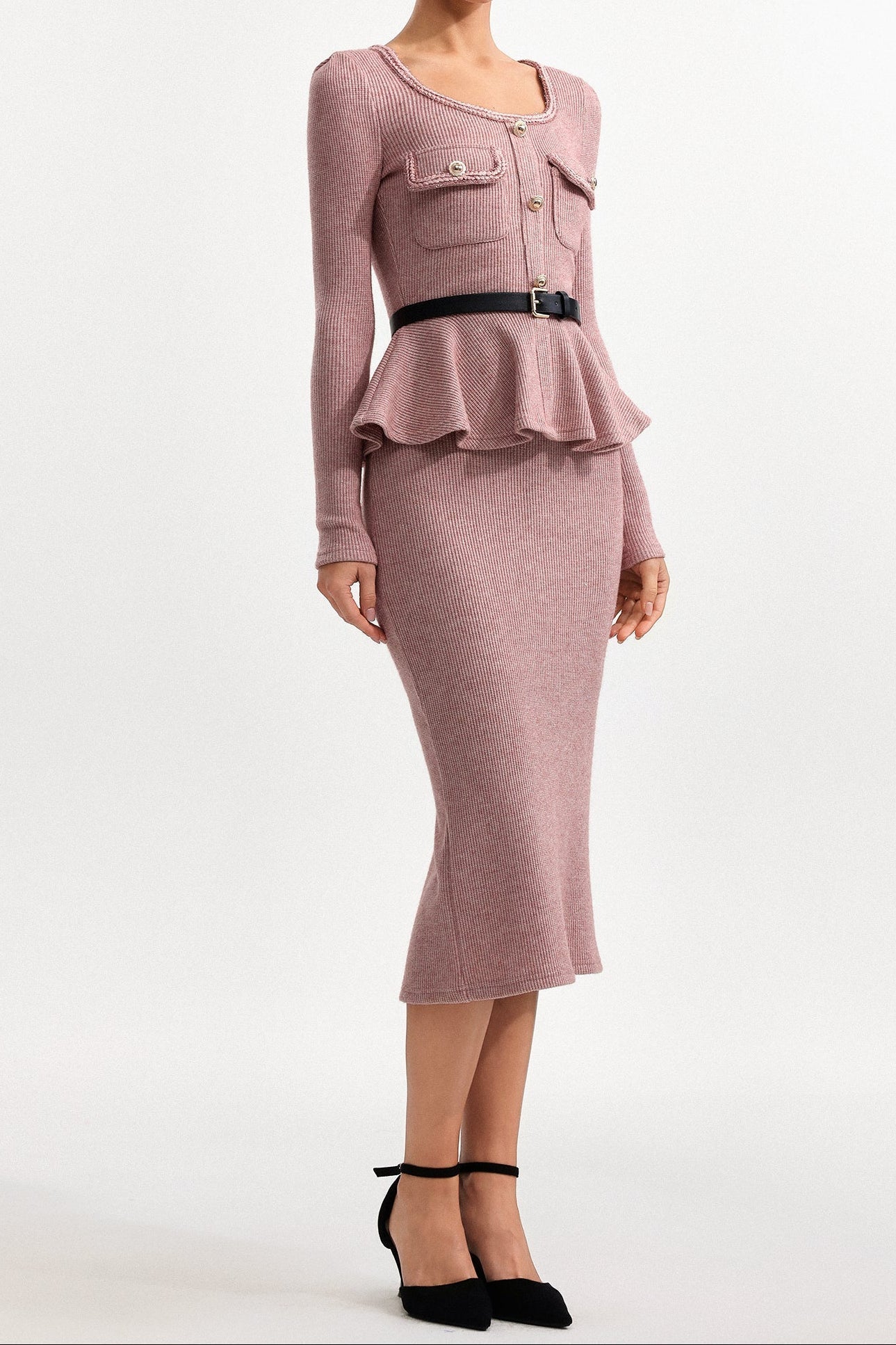 U Neck Long Sleeve Falbala Knit Midi Dress in Pink