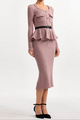 U Neck Long Sleeve Falbala Knit Midi Dress in Pink