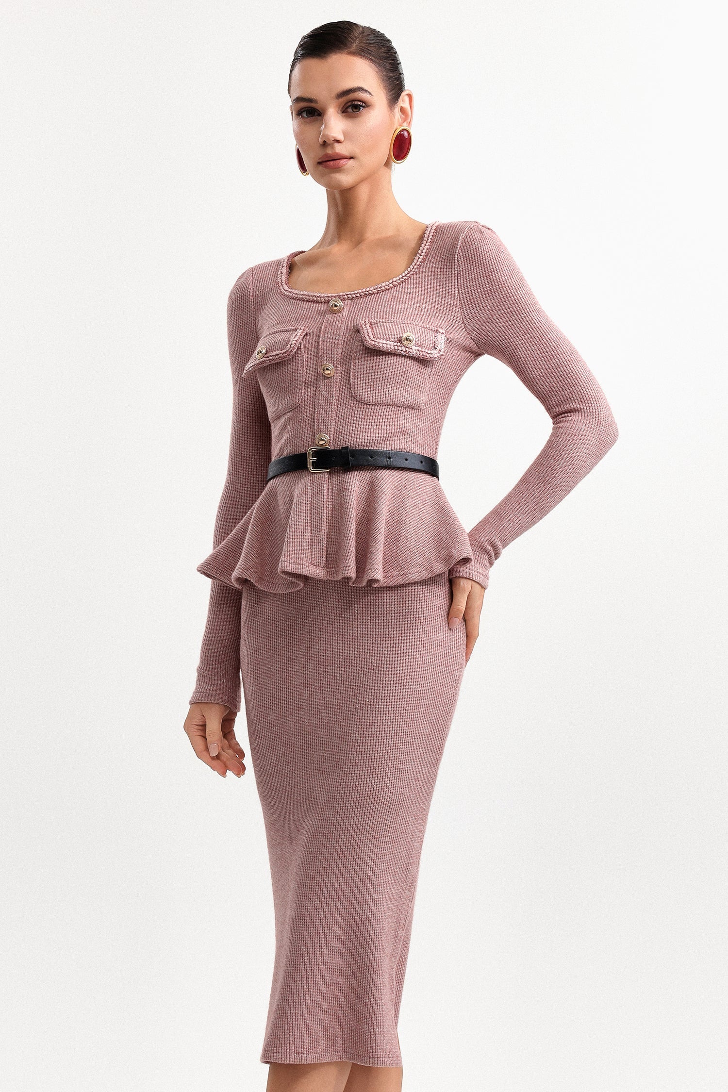 U Neck Long Sleeve Falbala Knit Midi Dress in Pink