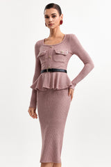 U Neck Long Sleeve Falbala Knit Midi Dress in Pink