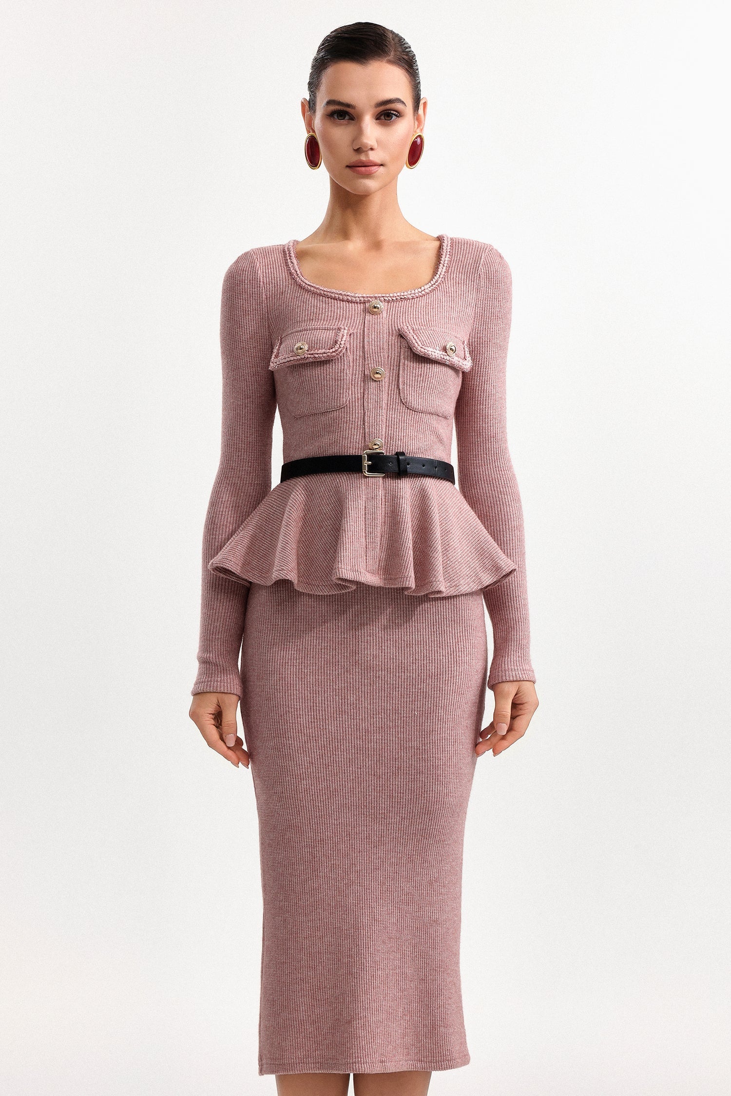 U Neck Long Sleeve Falbala Knit Midi Dress in Pink