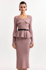 U Neck Long Sleeve Falbala Knit Midi Dress in Pink