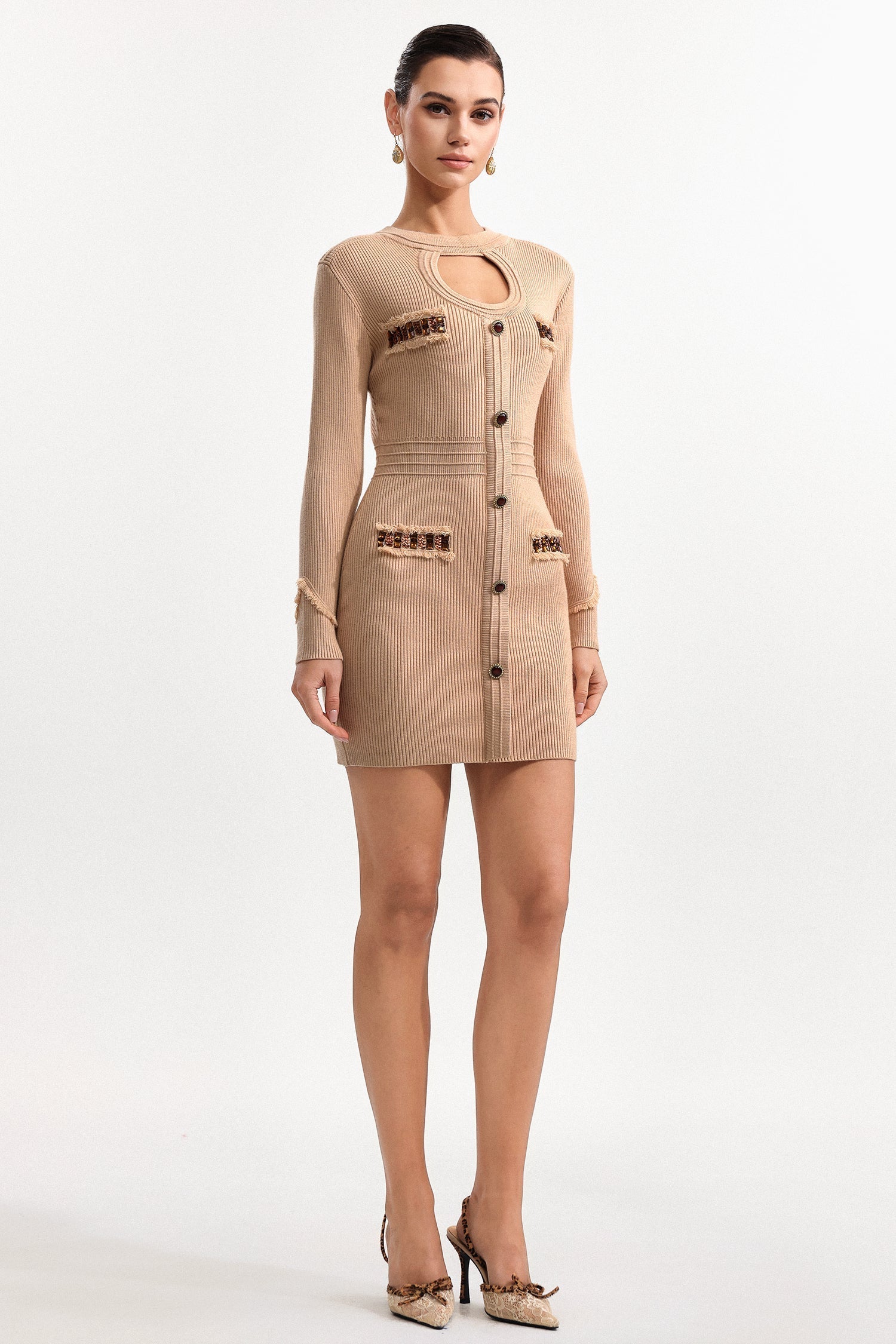 Contour Long Sleeve Knit Mini Dress in Khaki