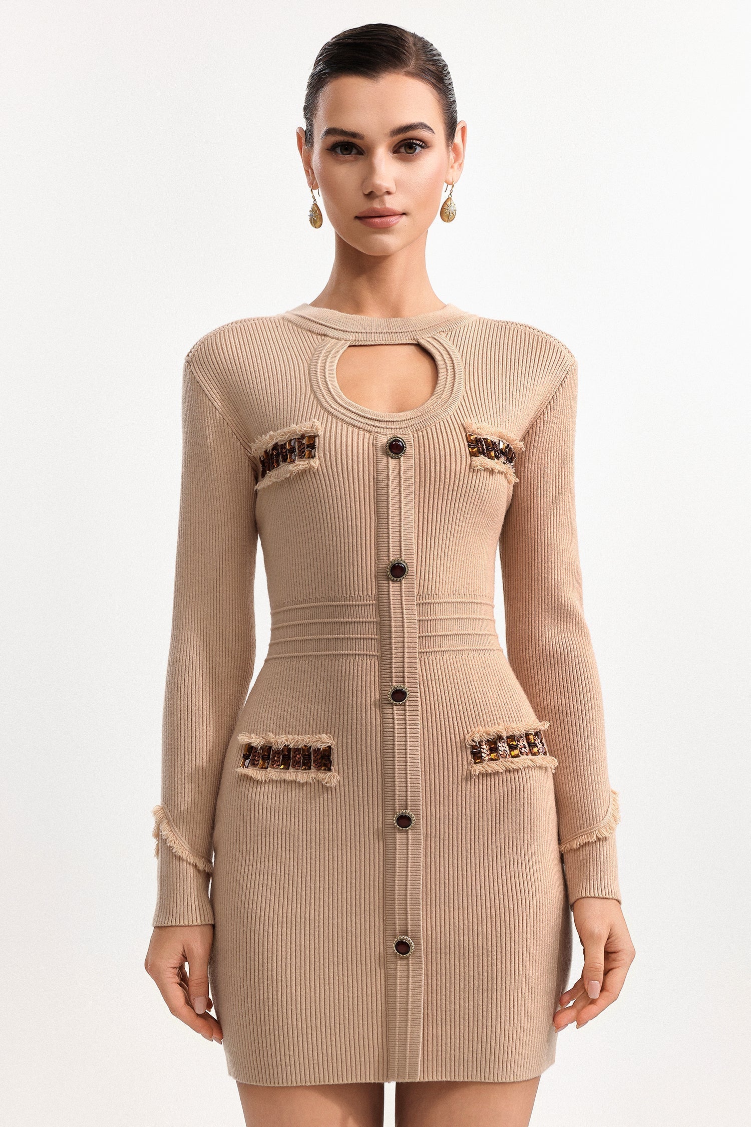 Contour Long Sleeve Knit Mini Dress in Khaki