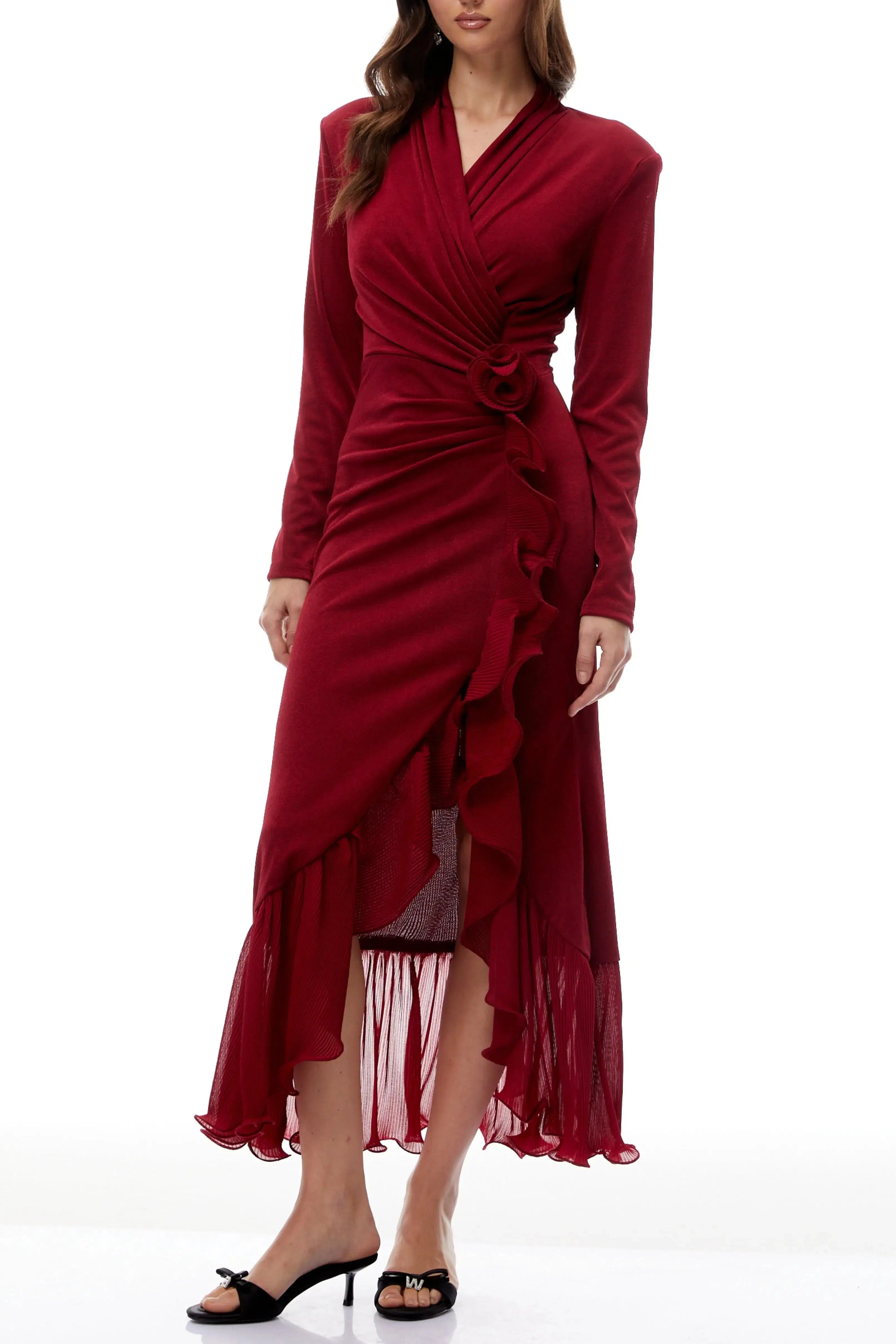 Red Ruffled High Knit Midi Dress