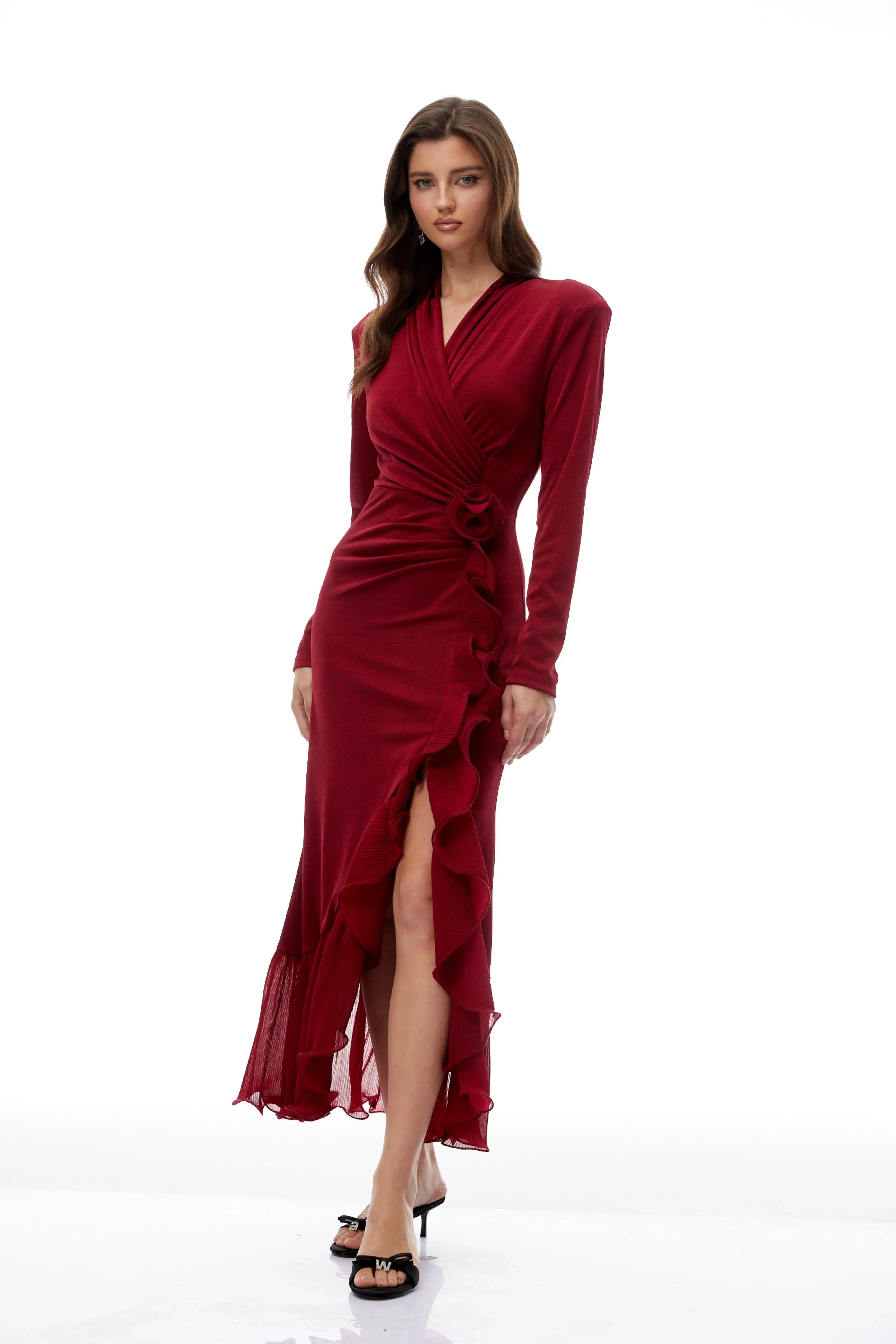 Red Ruffled High Knit Midi Dress