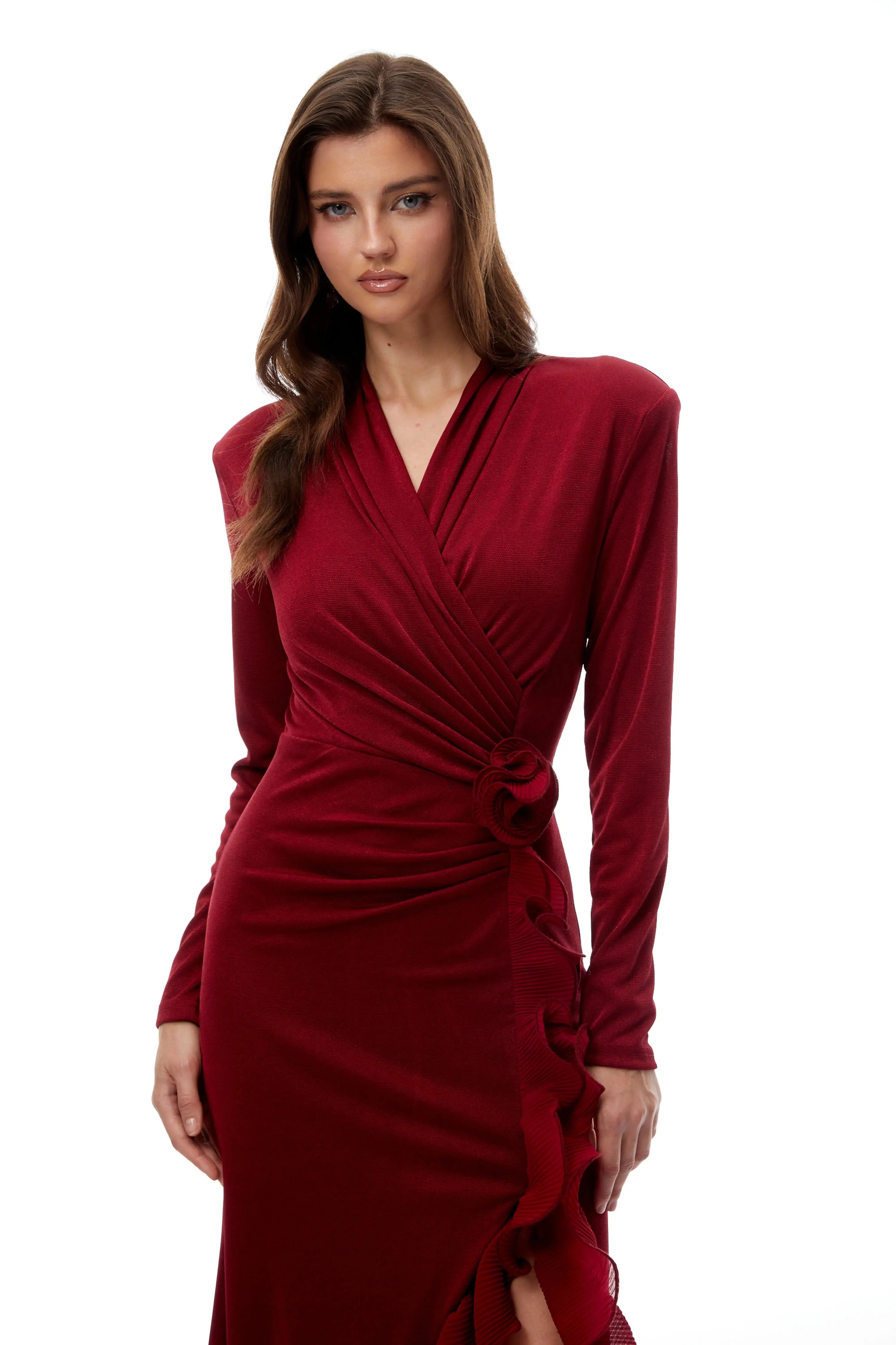 Red Ruffled High Knit Midi Dress