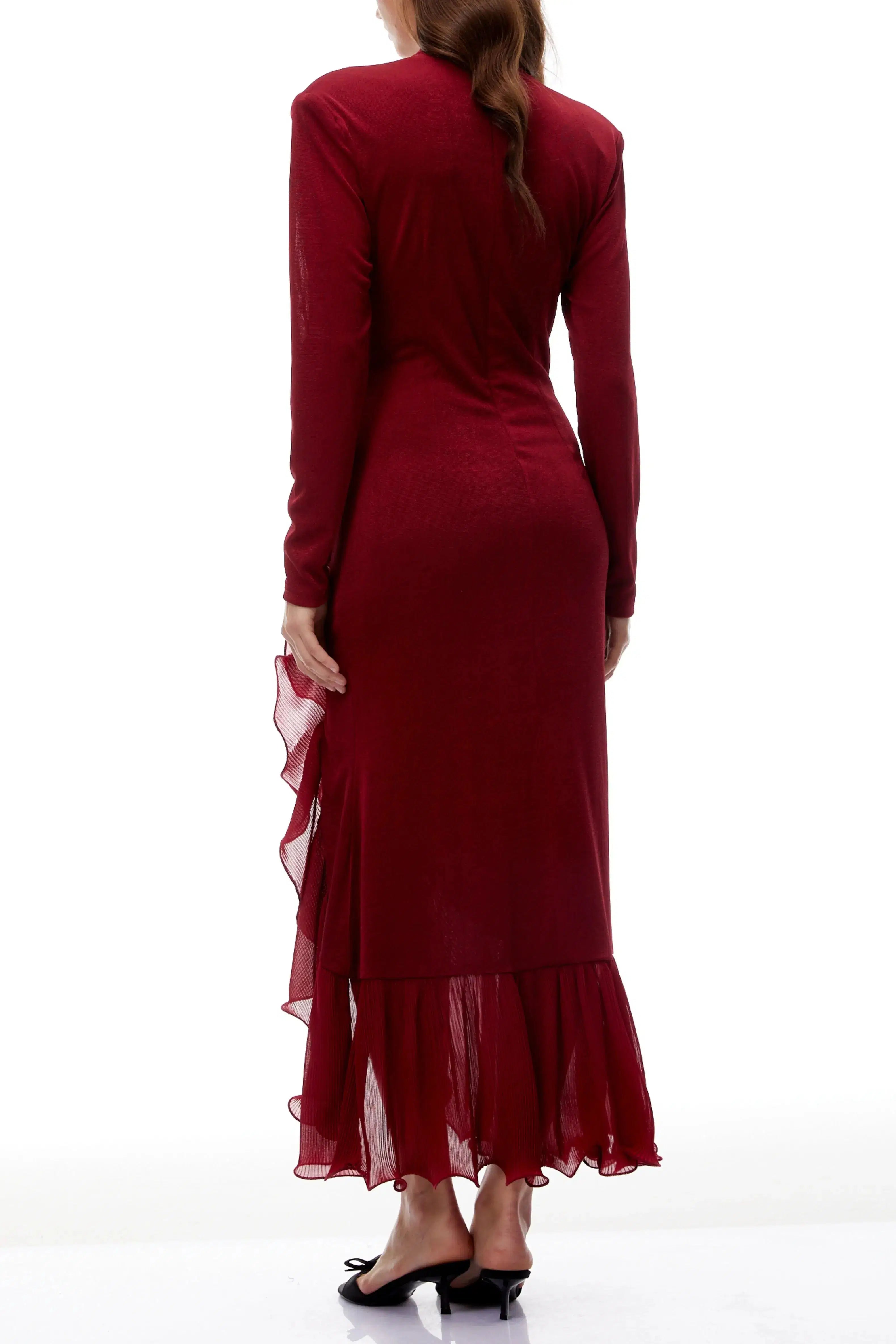 Red Ruffled High Knit Midi Dress