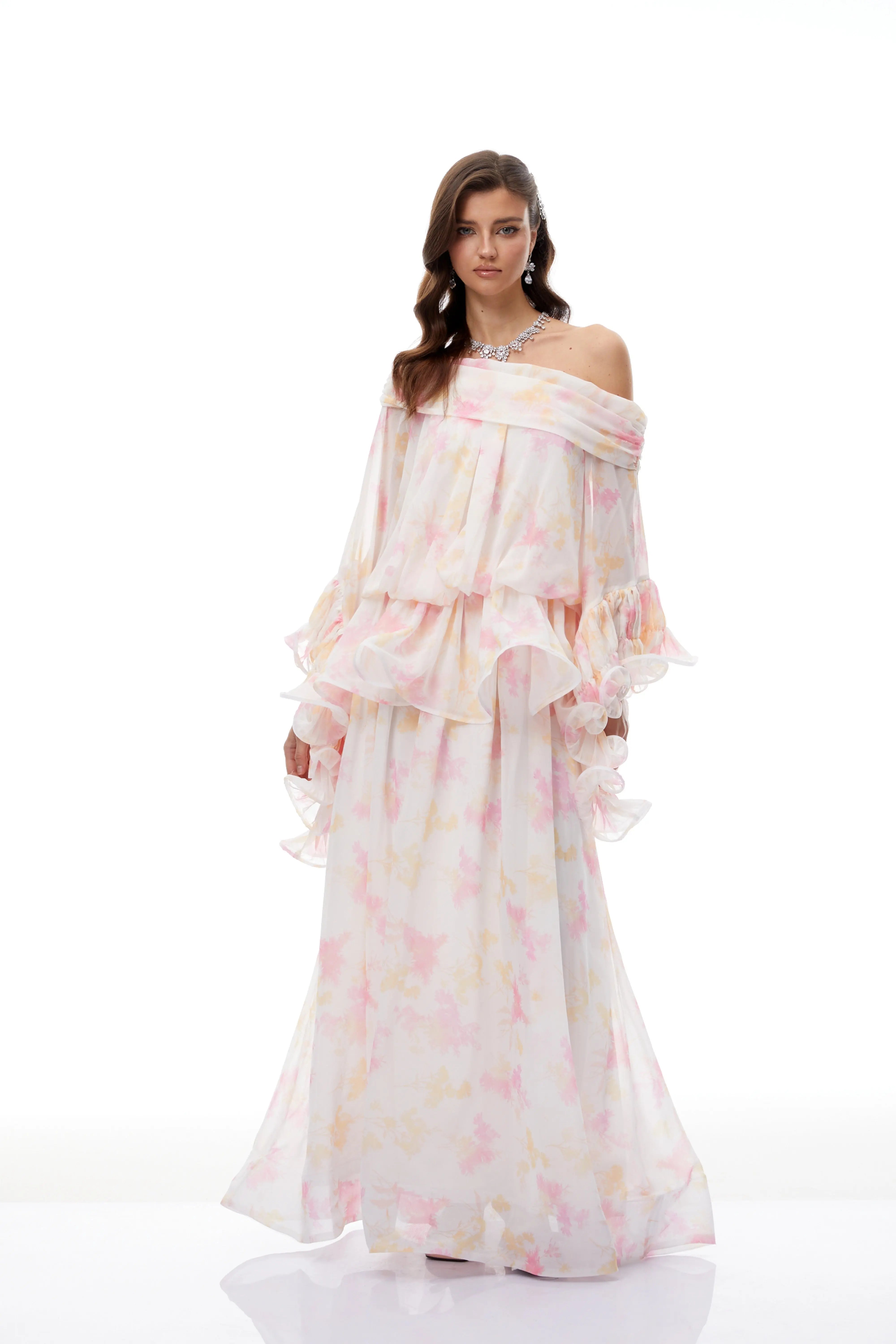 White Floral Print Ruffled Maxi Dress