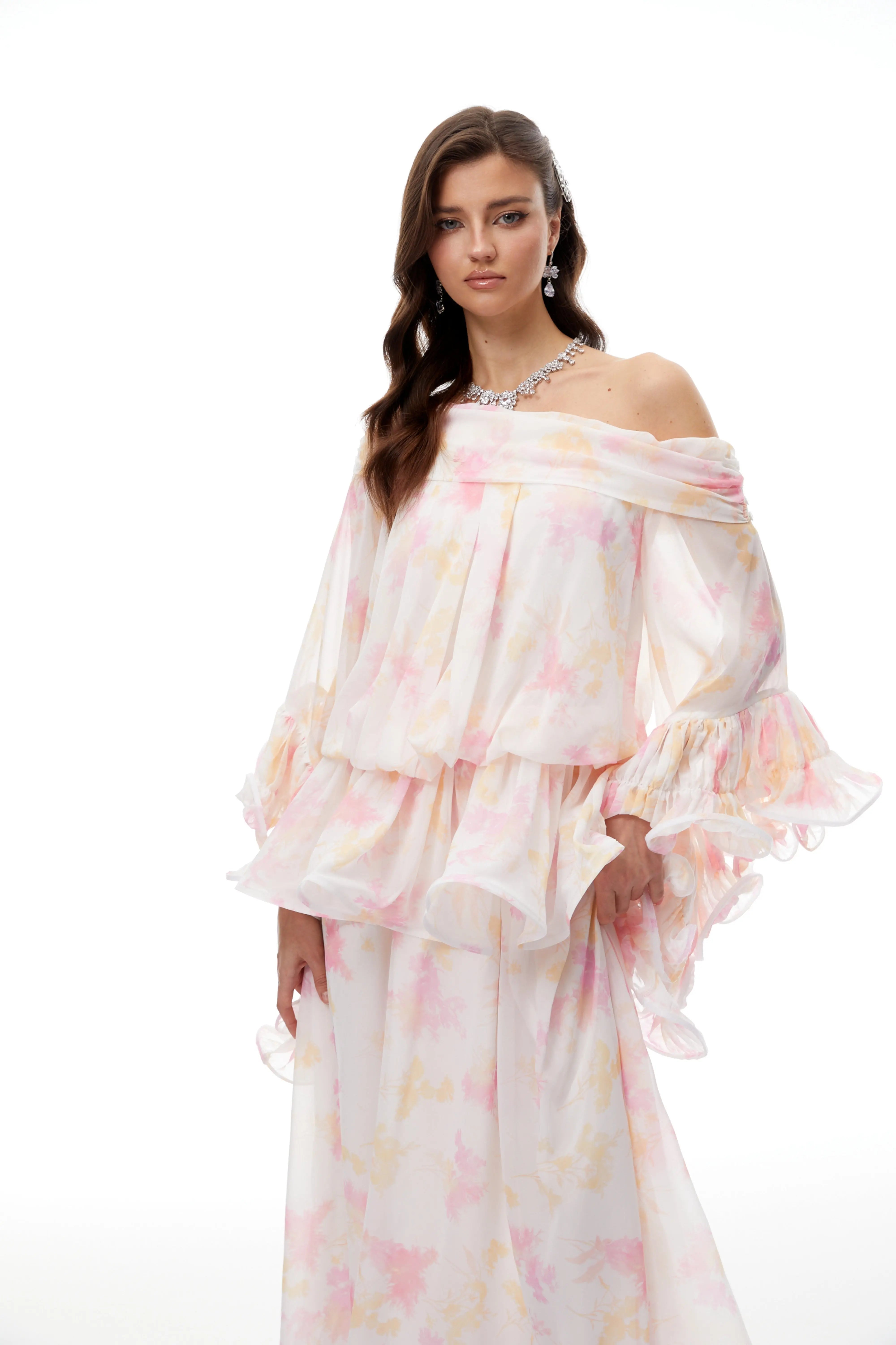 White Floral Print Ruffled Maxi Dress
