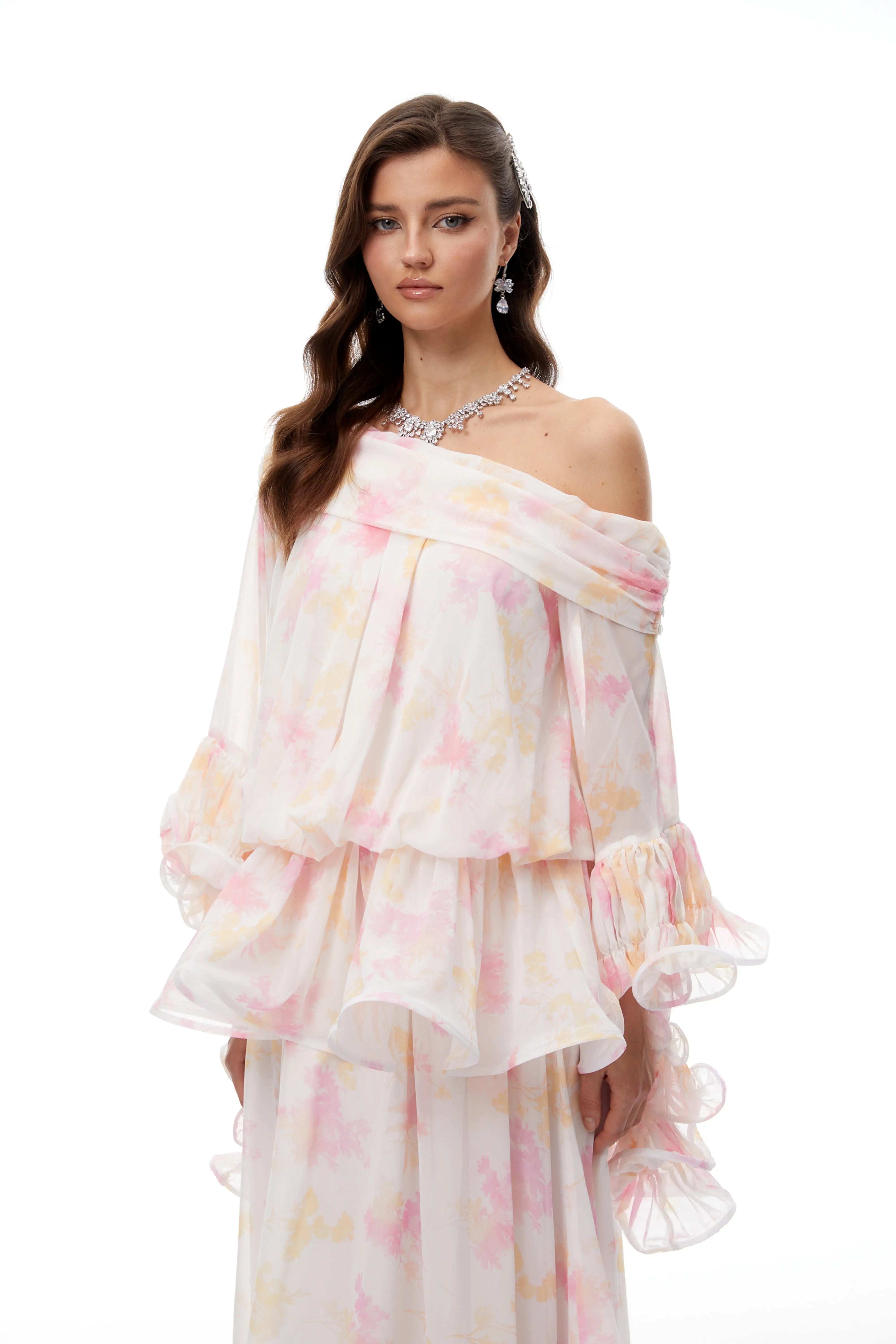 White Floral Print Ruffled Maxi Dress
