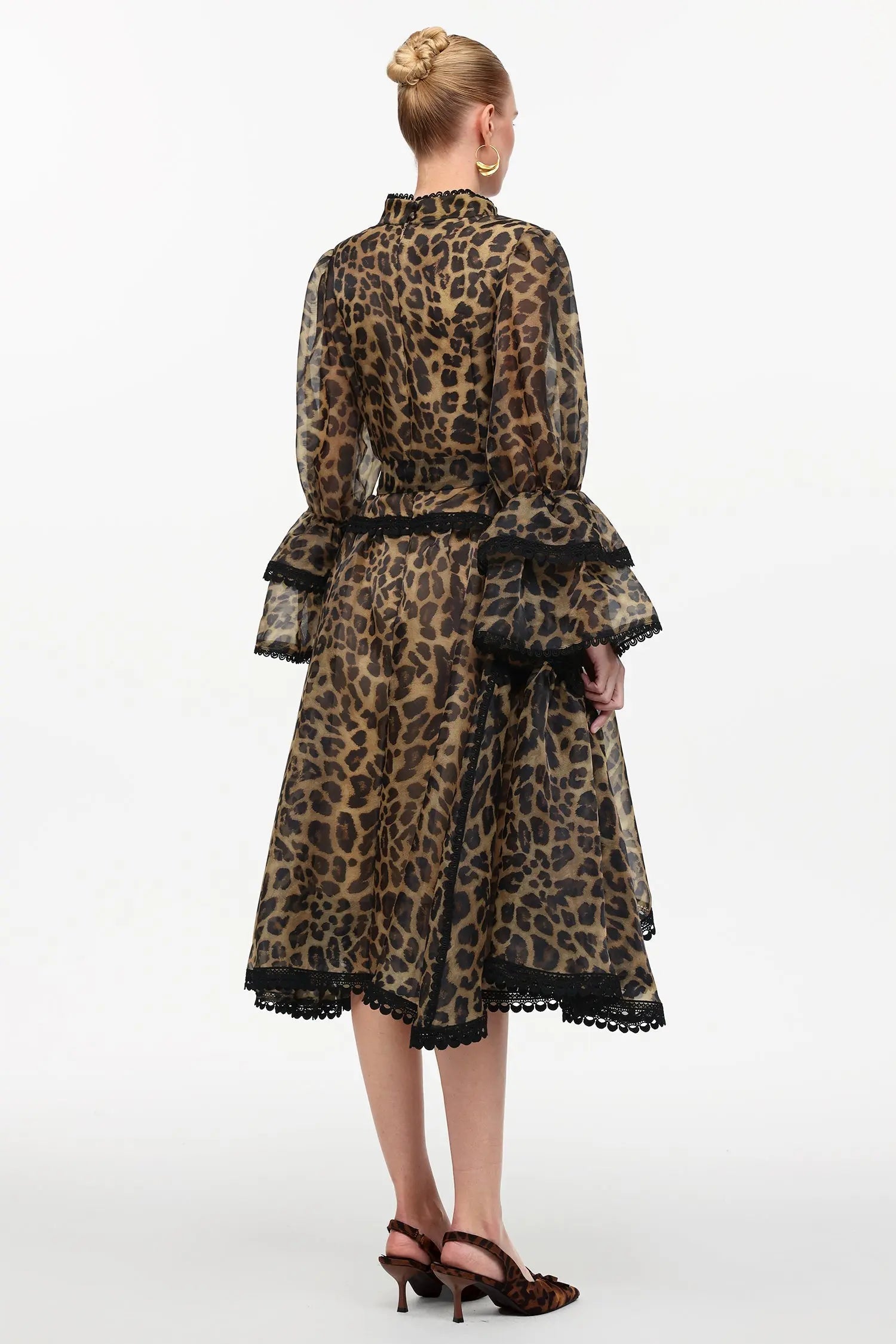 Resort Flowy V-Neck Long Sleeve Falbala Lace Woven Print Mini Dress