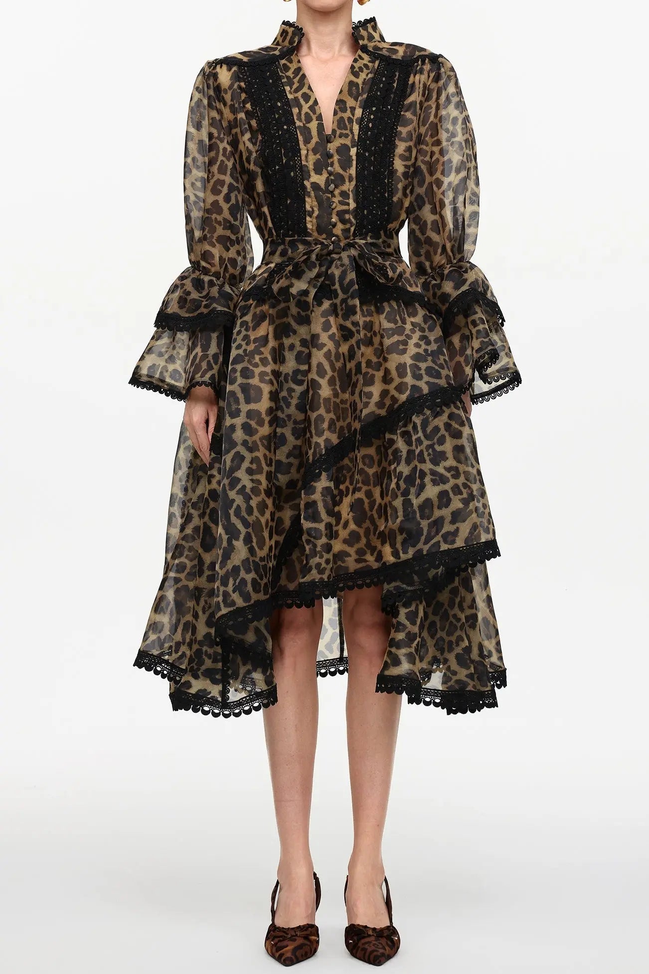 Resort Flowy V-Neck Long Sleeve Falbala Lace Woven Print Mini Dress
