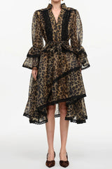 Resort Flowy V-Neck Long Sleeve Falbala Lace Woven Print Mini Dress