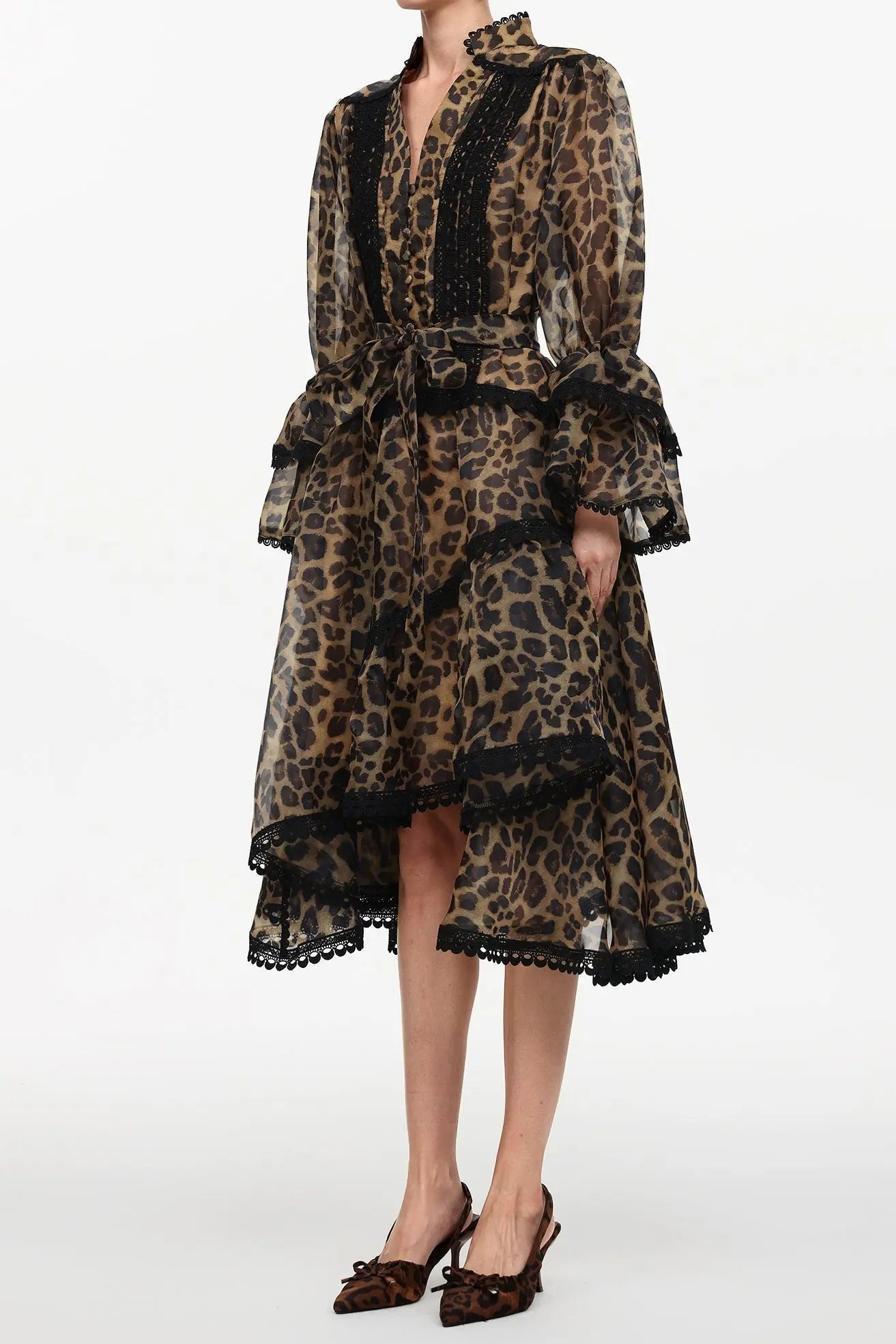 Resort Flowy V-Neck Long Sleeve Falbala Lace Woven Print Mini Dress