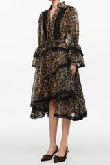 Resort Flowy V-Neck Long Sleeve Falbala Lace Woven Print Mini Dress