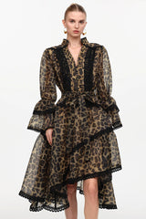 Resort Flowy V-Neck Long Sleeve Falbala Lace Woven Print Mini Dress