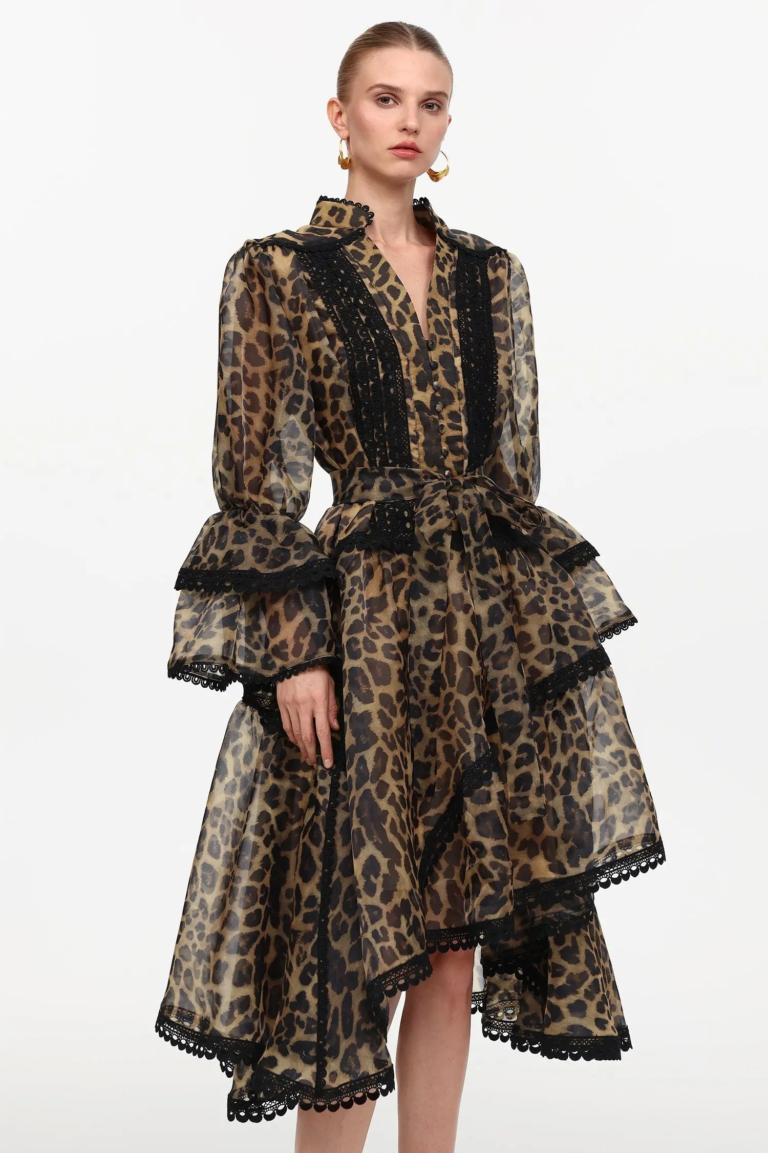 Resort Flowy V-Neck Long Sleeve Falbala Lace Woven Print Mini Dress