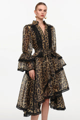 Resort Flowy V-Neck Long Sleeve Falbala Lace Woven Print Mini Dress