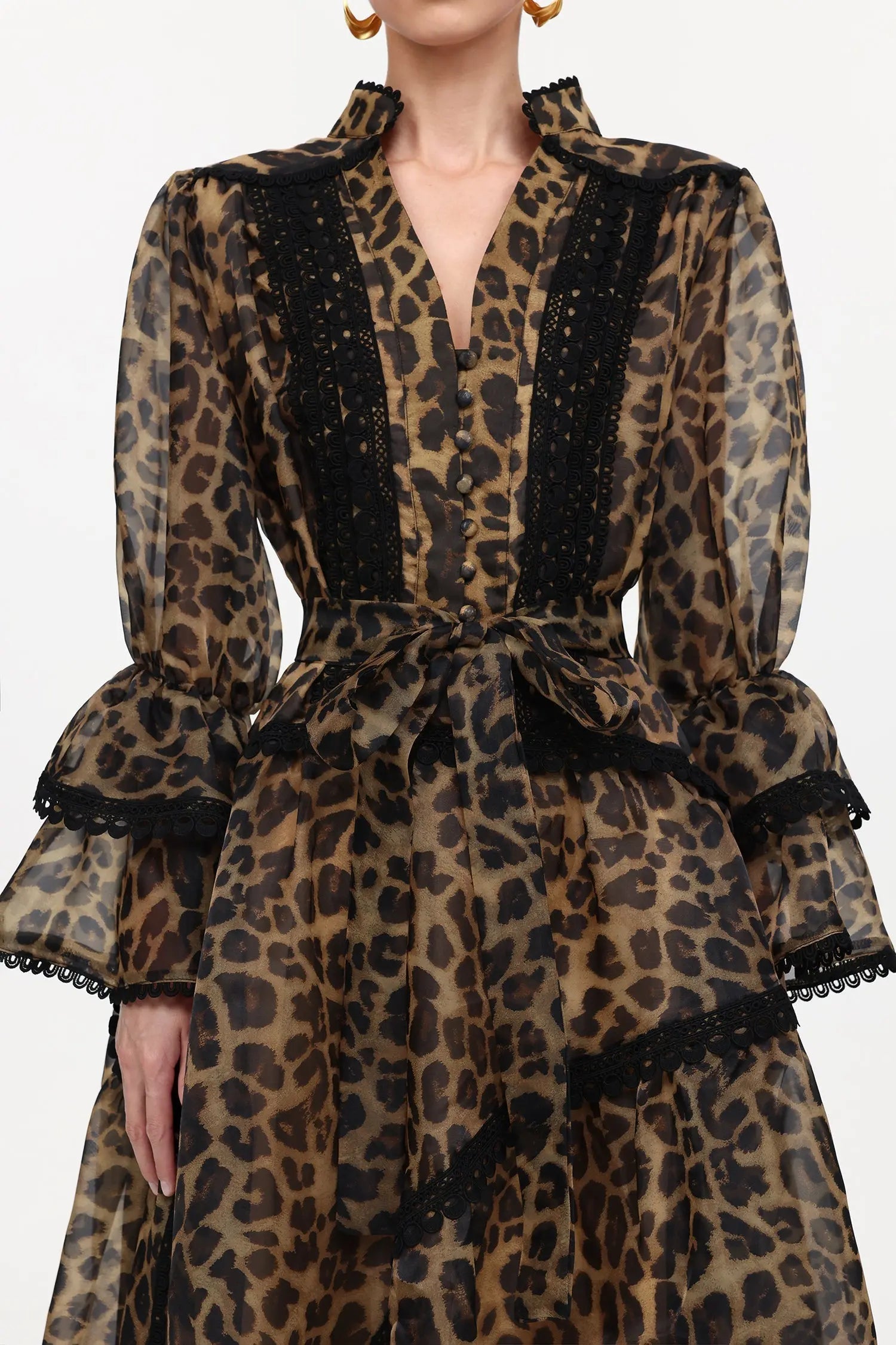 Resort Flowy V-Neck Long Sleeve Falbala Lace Woven Print Mini Dress