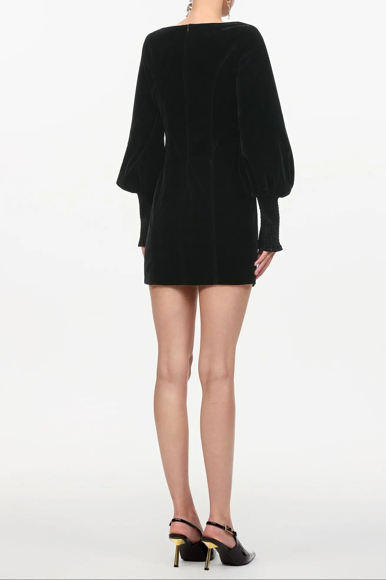 Cinched Waist Square Neck Long Sleeve Mini Dress in black