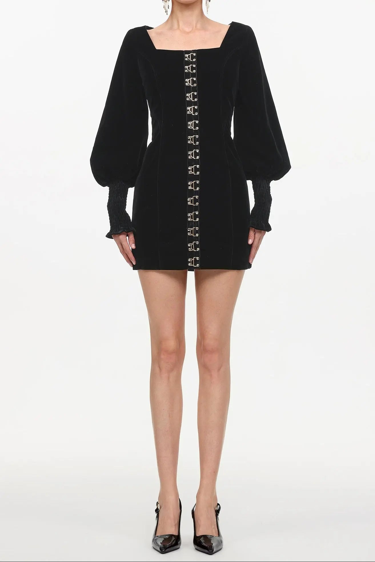 Cinched Waist Square Neck Long Sleeve Mini Dress in black