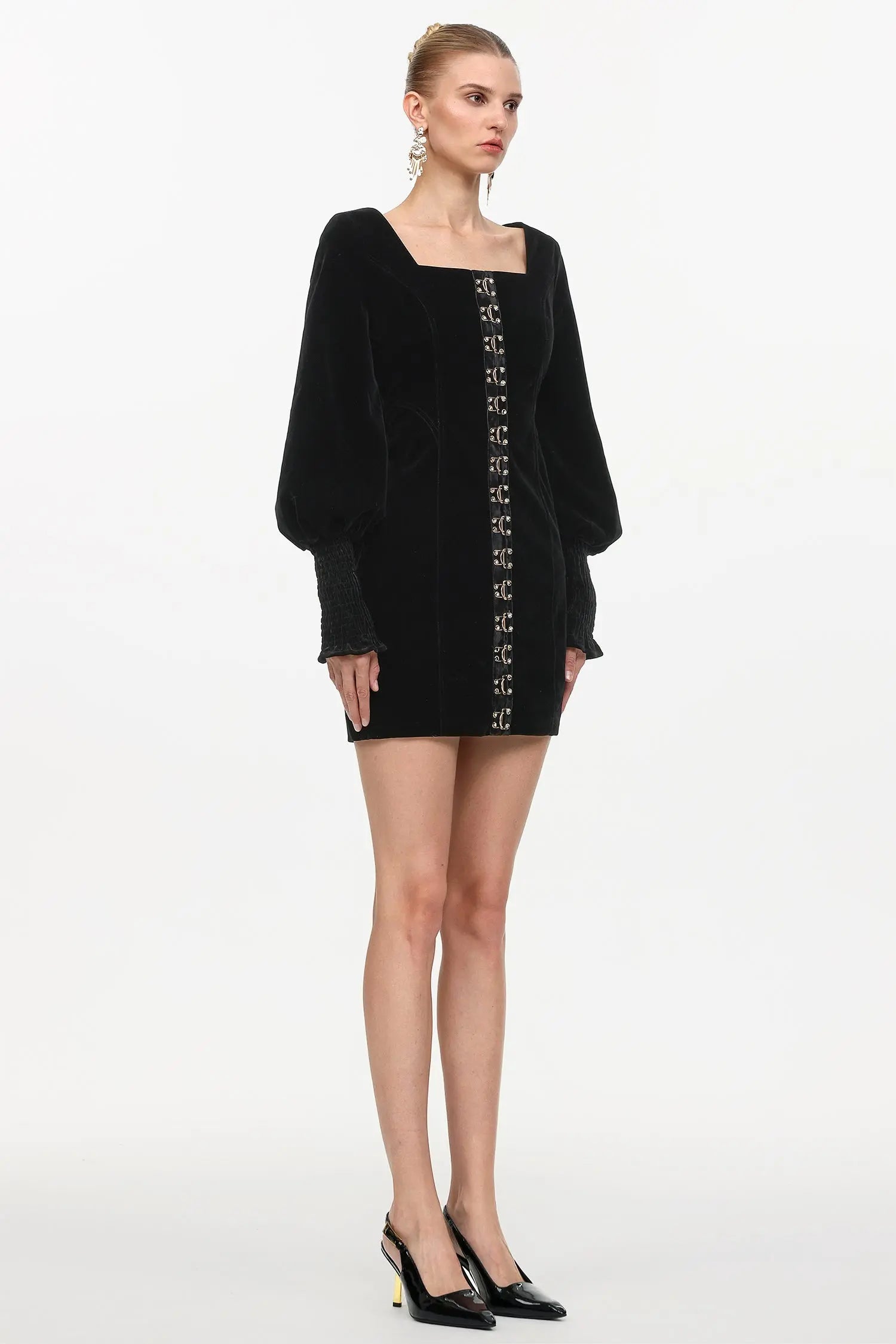 Cinched Waist Square Neck Long Sleeve Mini Dress in black