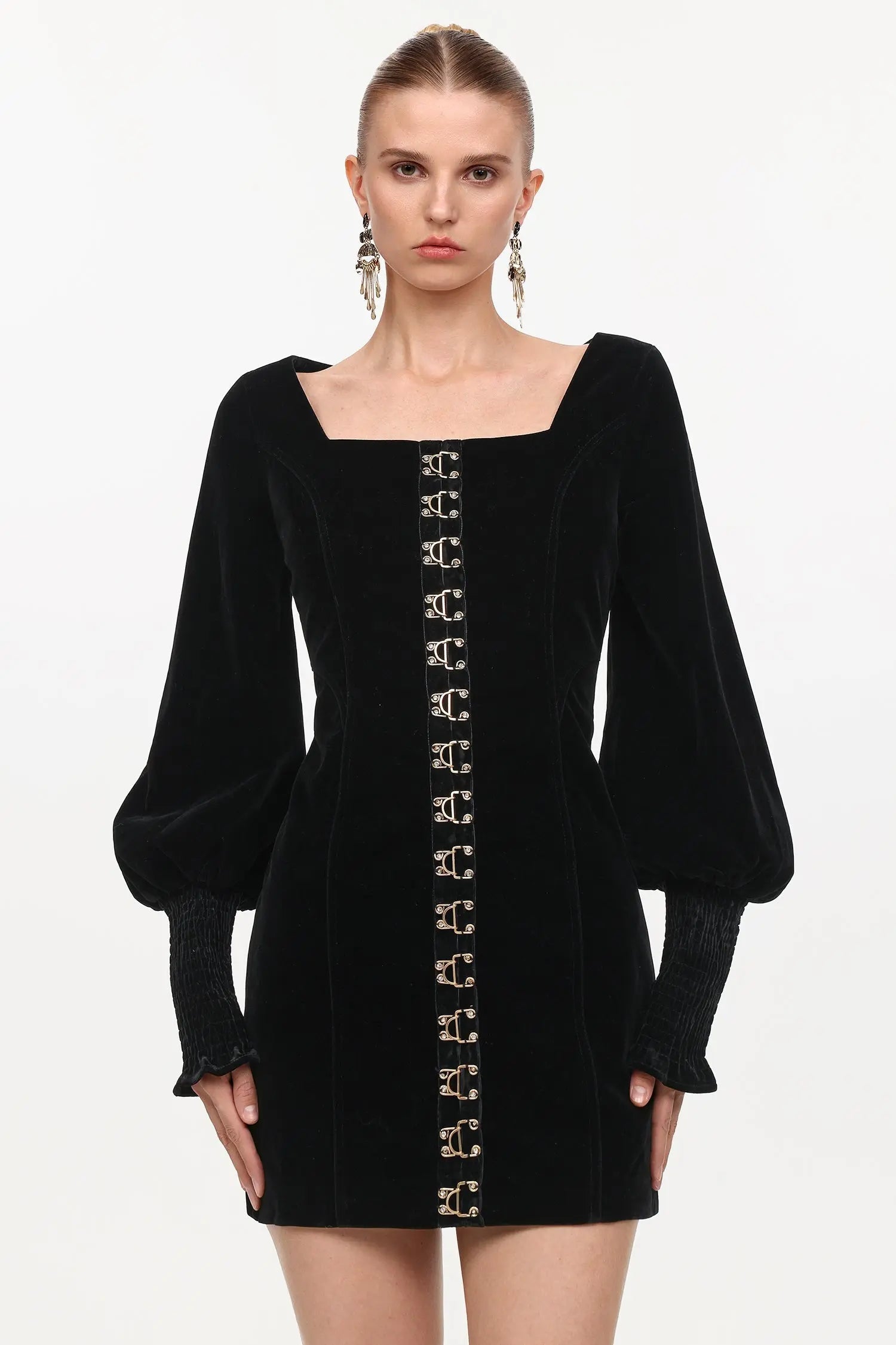 Cinched Waist Square Neck Long Sleeve Mini Dress in black