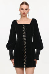 Cinched Waist Square Neck Long Sleeve Mini Dress in black