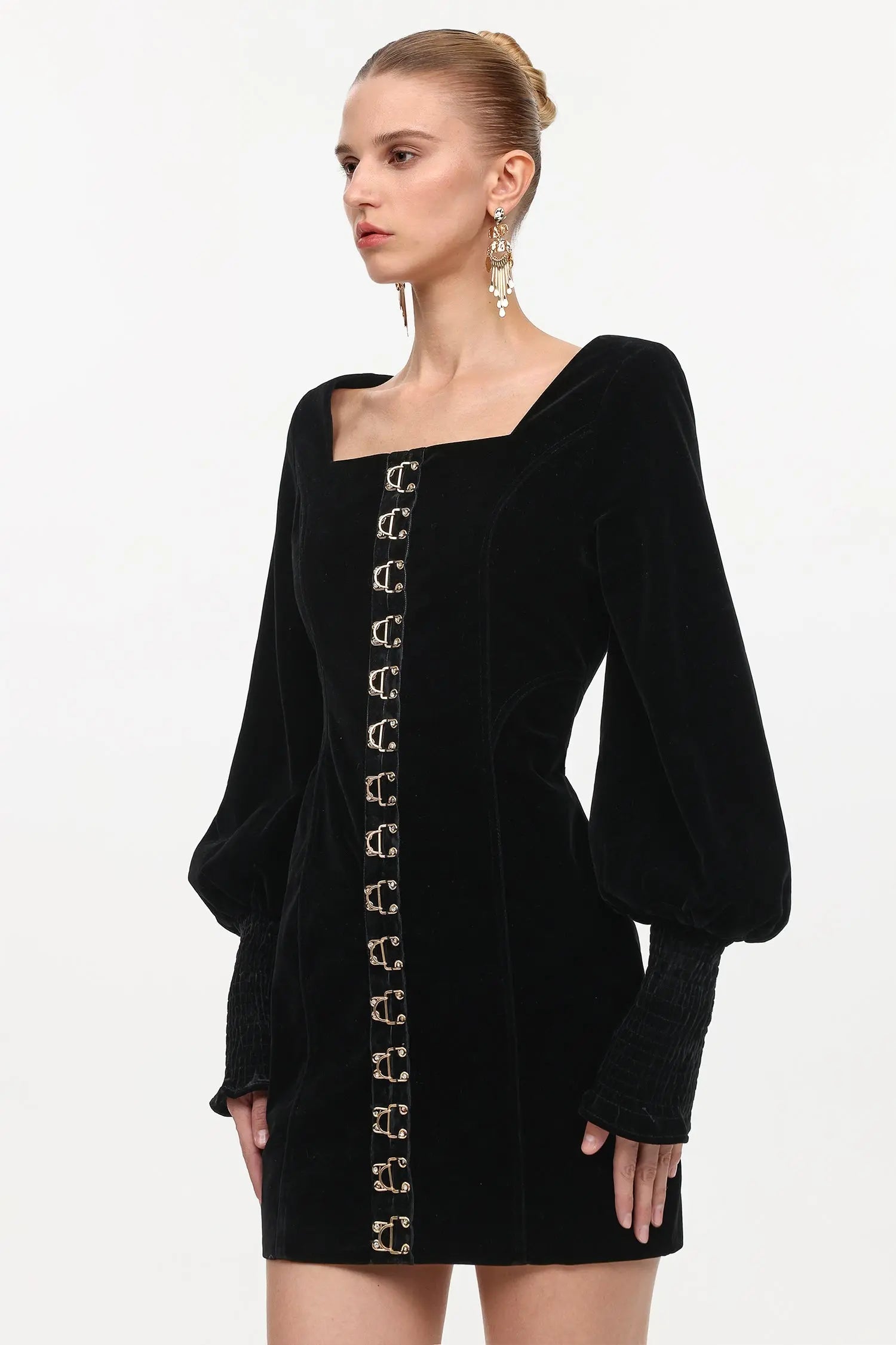 Cinched Waist Square Neck Long Sleeve Mini Dress in black
