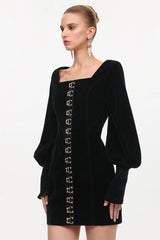 Cinched Waist Square Neck Long Sleeve Mini Dress in black