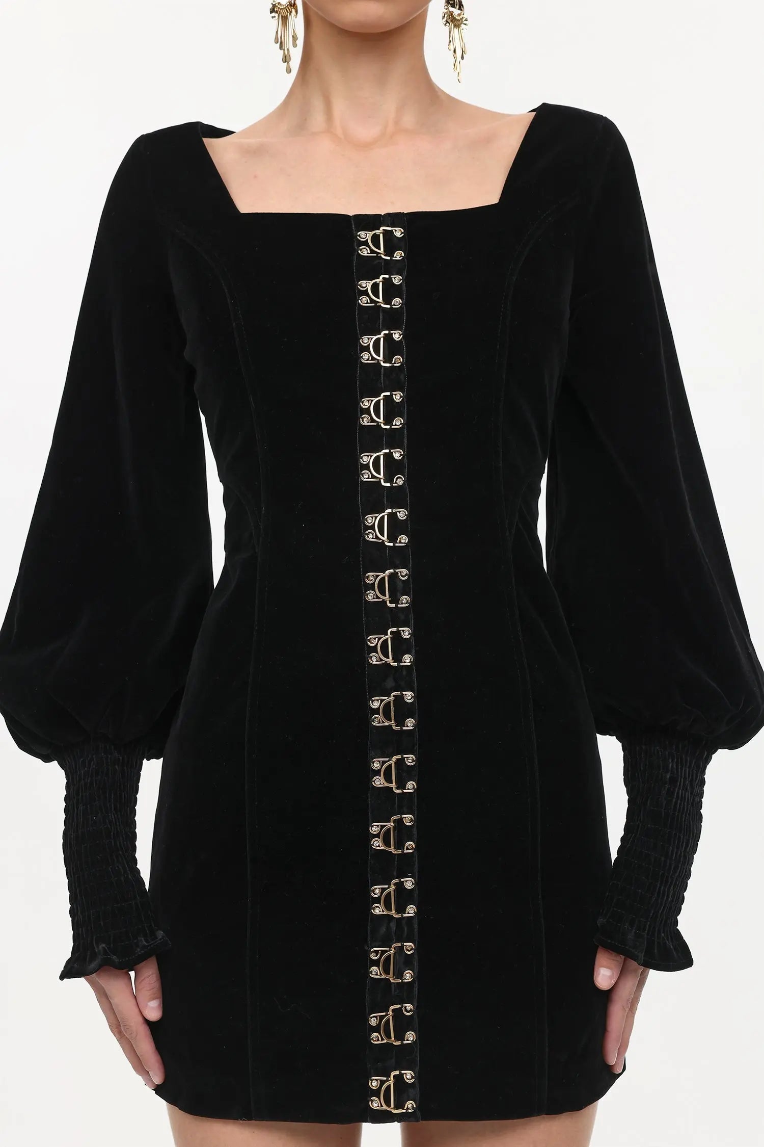 Cinched Waist Square Neck Long Sleeve Mini Dress in black