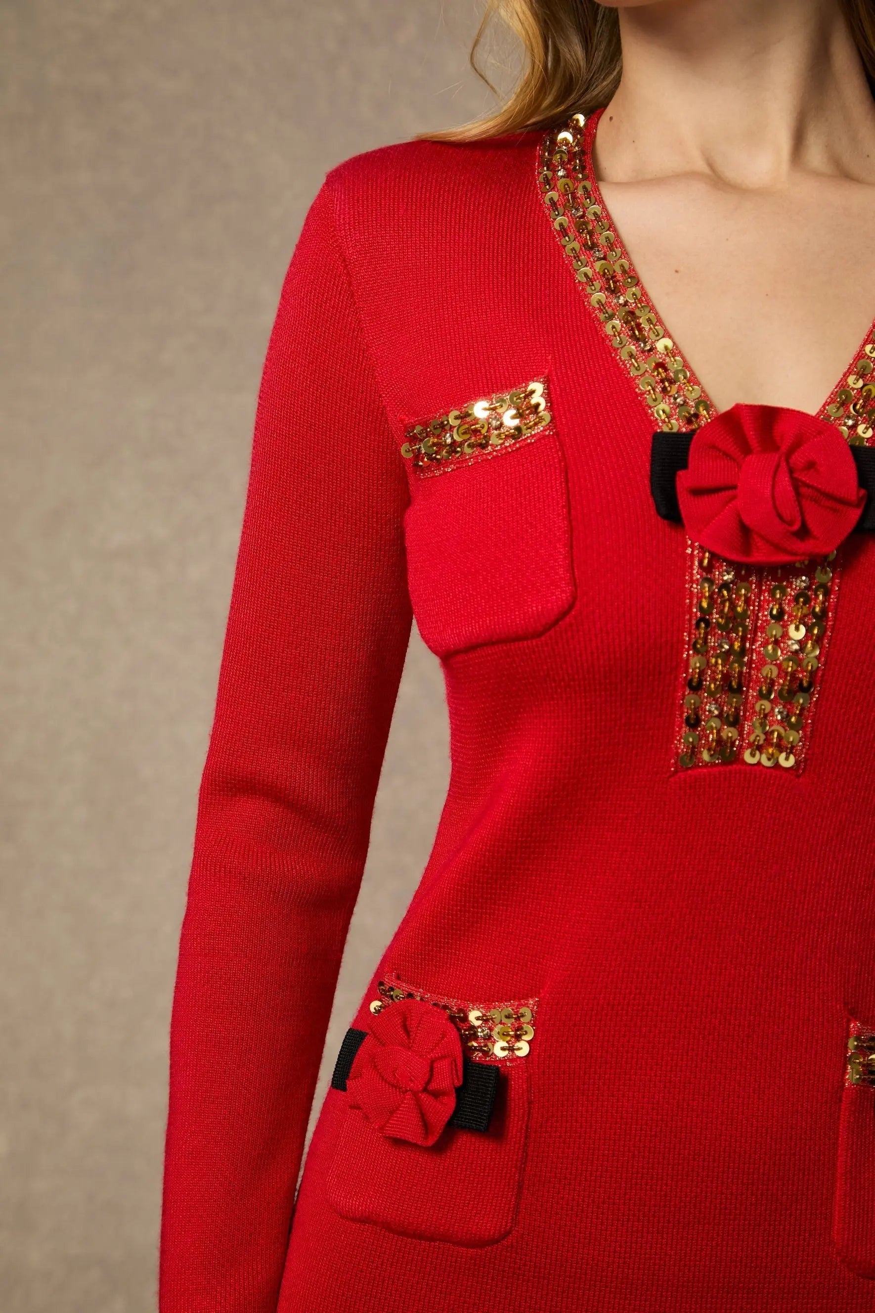 V-Neck Red Sequin Trim Knit Mini Dress