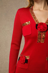 V-Neck Red Sequin Trim Knit Mini Dress