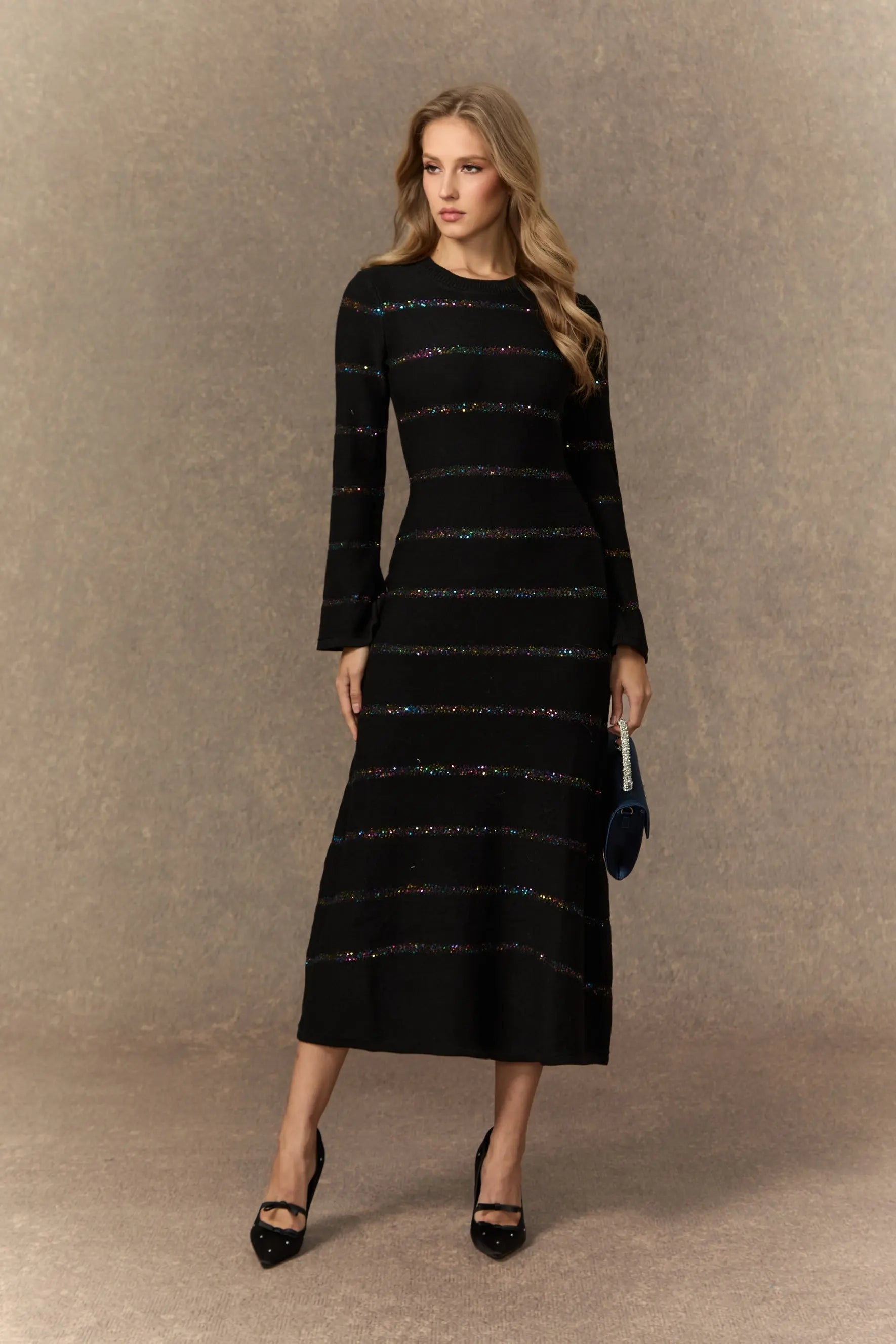 Black Sequin Embellished Knit Midi Dress