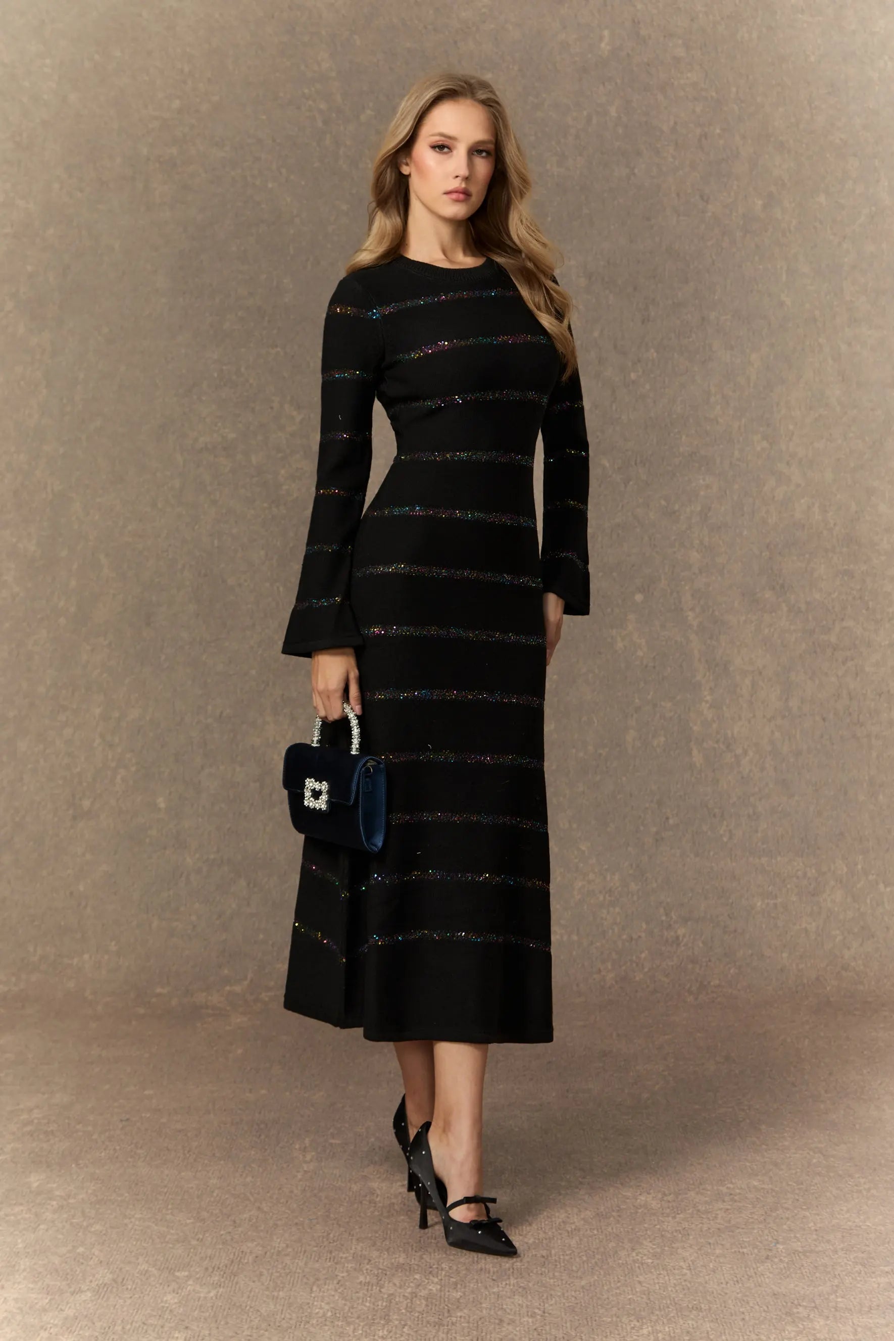 Black Sequin Embellished Knit Midi Dress