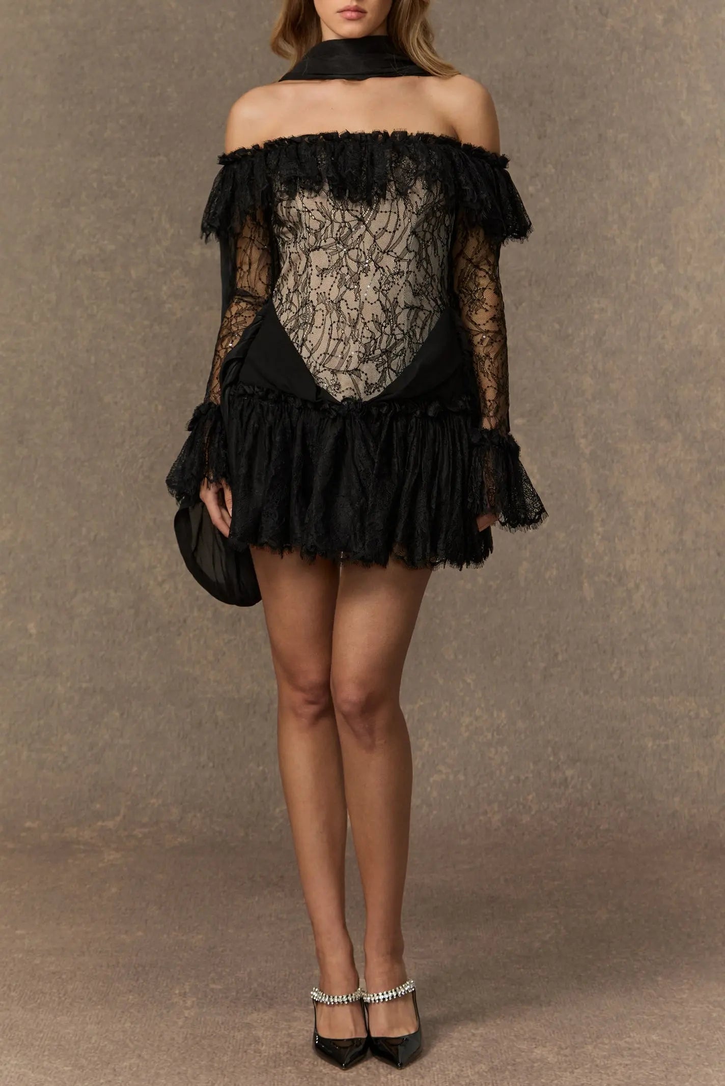 Black Off Shoulder Lace Corset Mini Dress