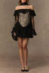 Black Off Shoulder Lace Corset Mini Dress