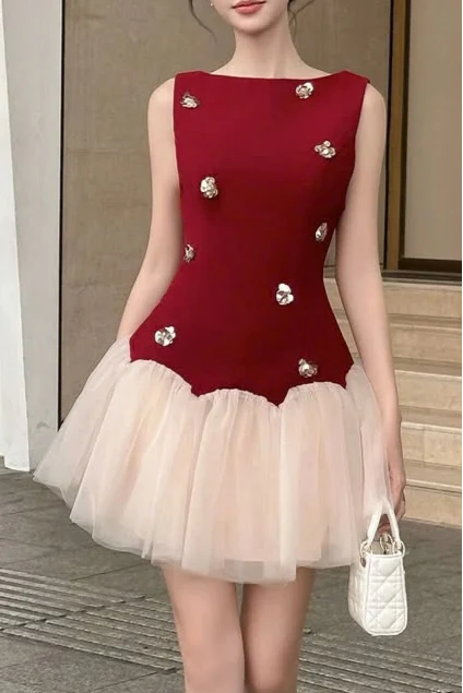 3D Flower Patchwork Mini Dress in Red