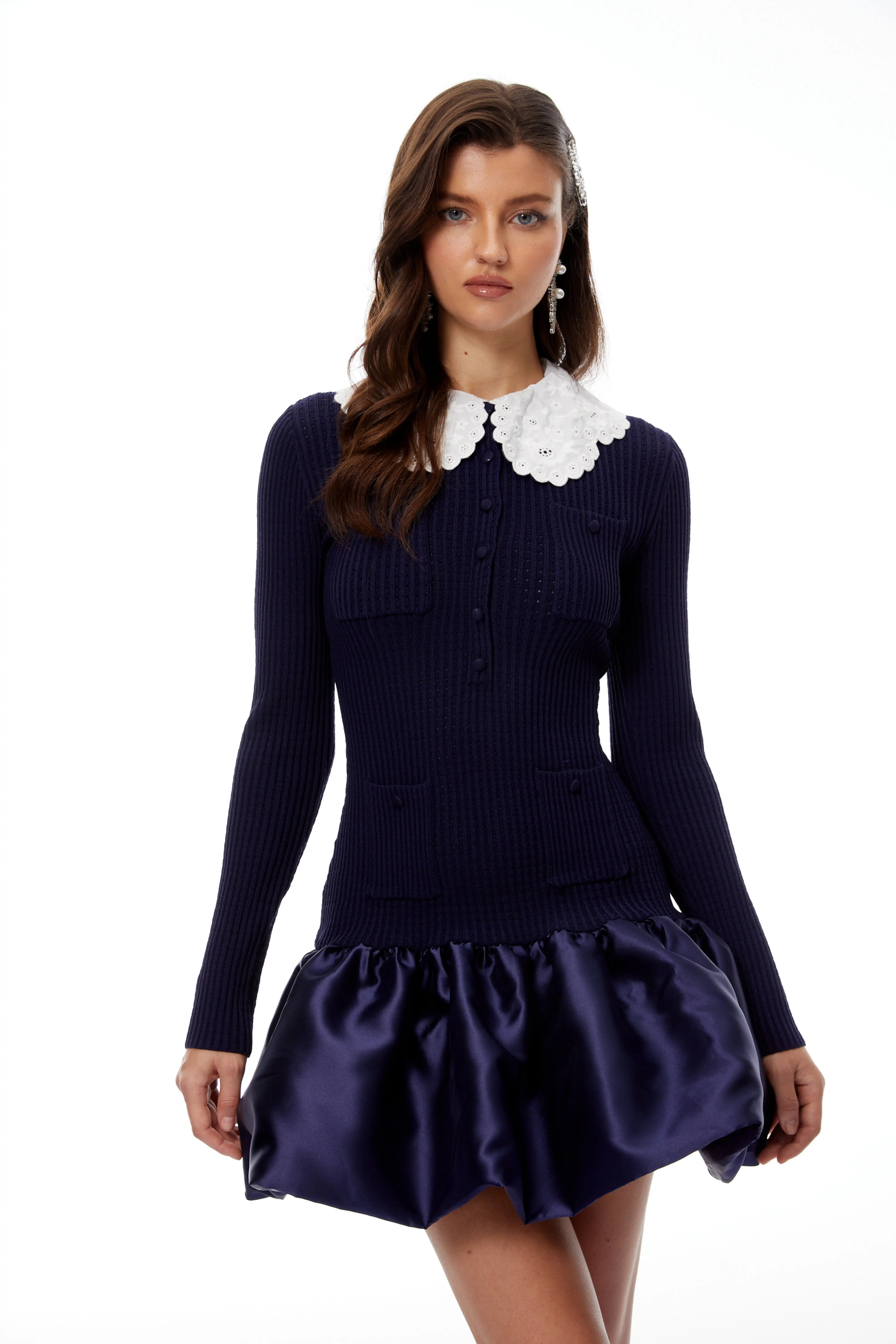 Navy Blue Satin Knit Mini Dress