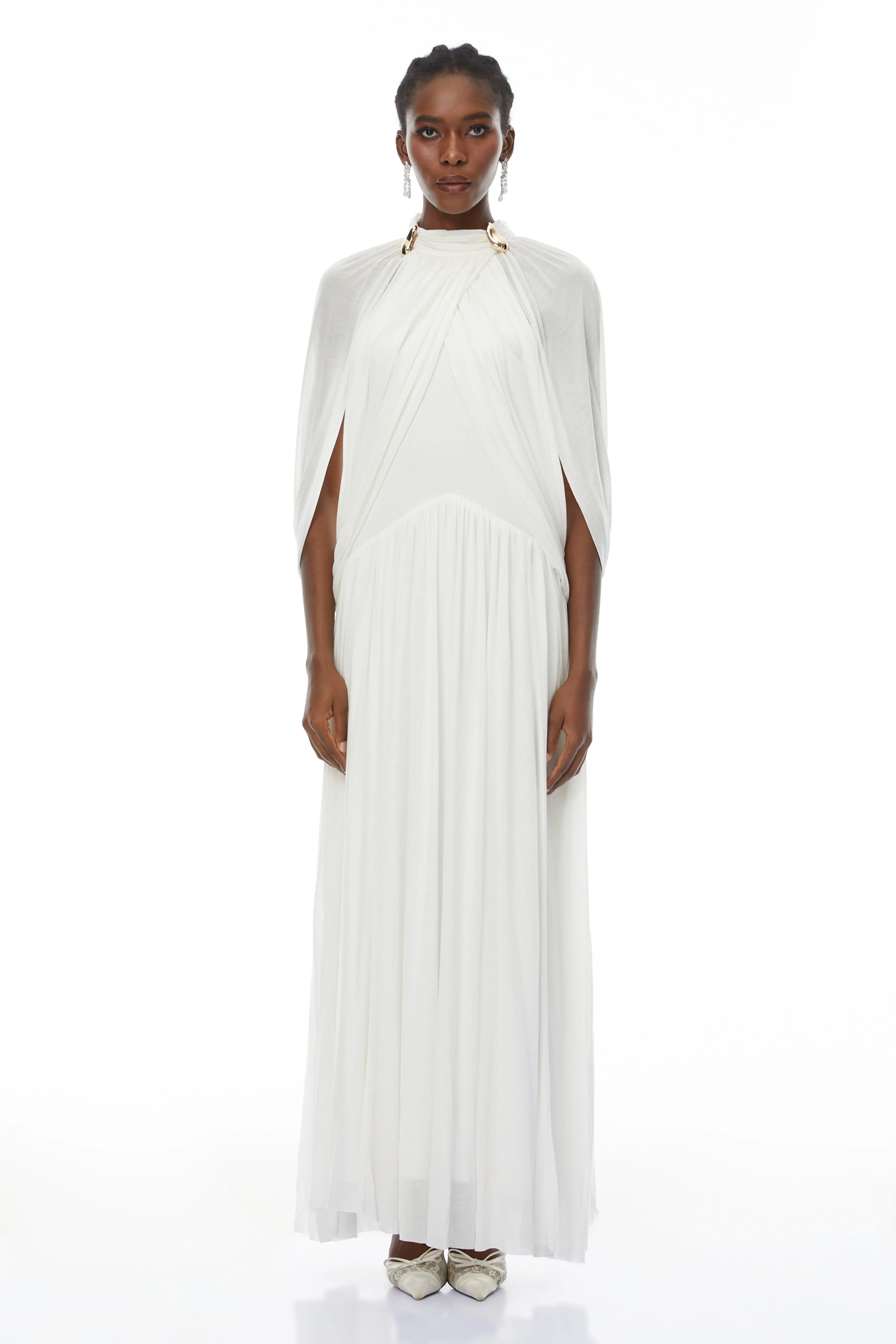 White Cape Sleeve Knit Maxi Dress