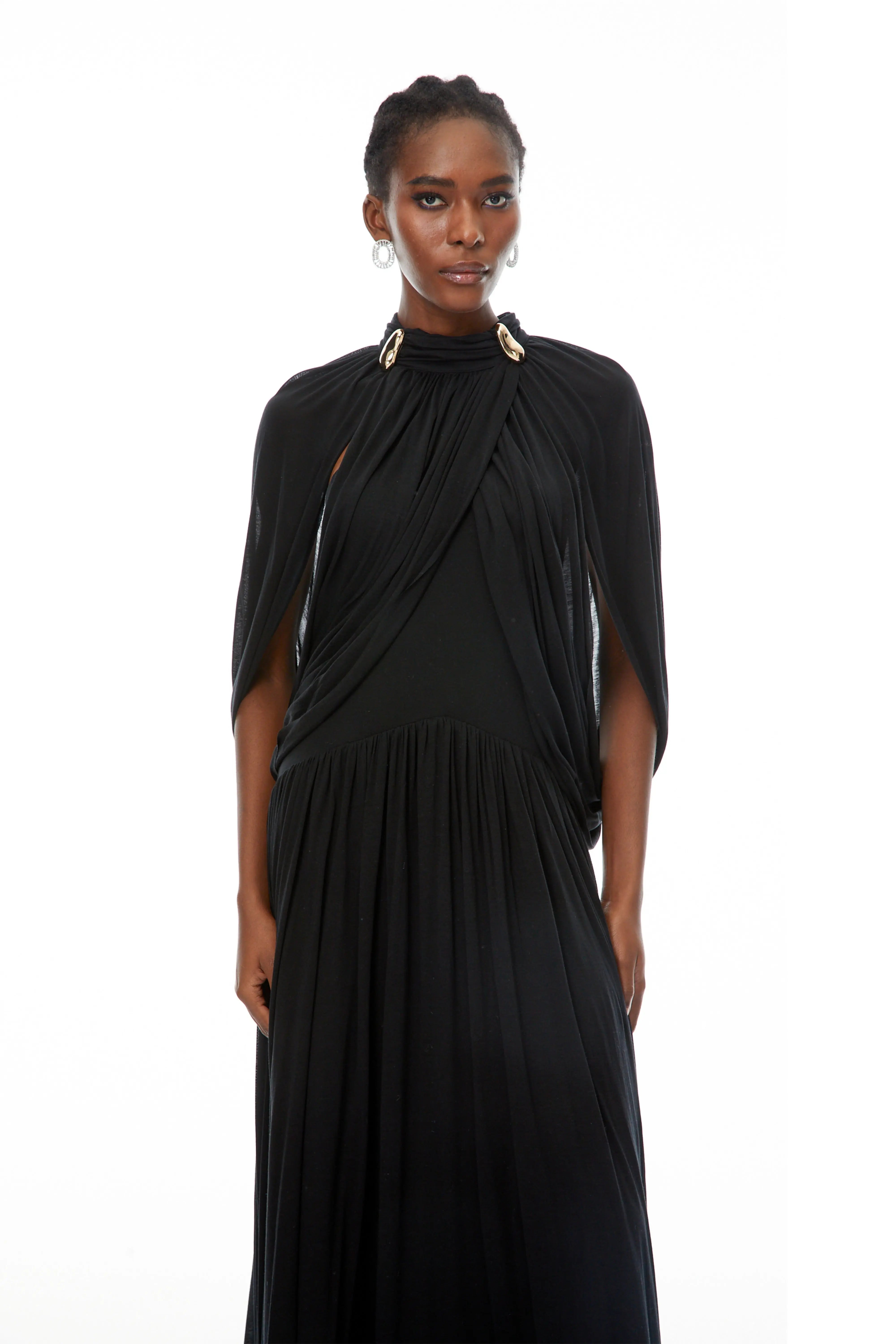 black Cape Sleeve Knit Maxi Dress