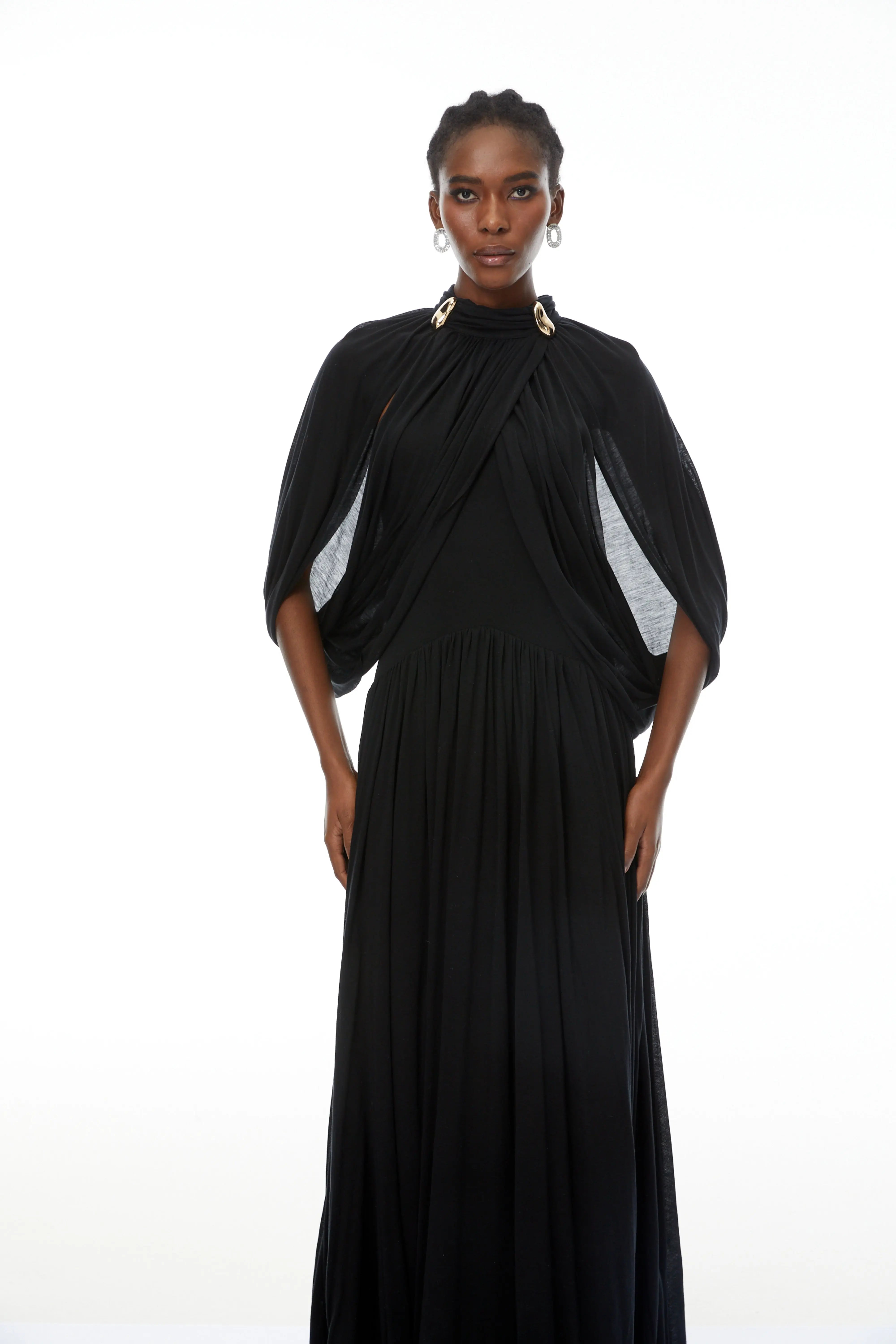 black Cape Sleeve Knit Maxi Dress